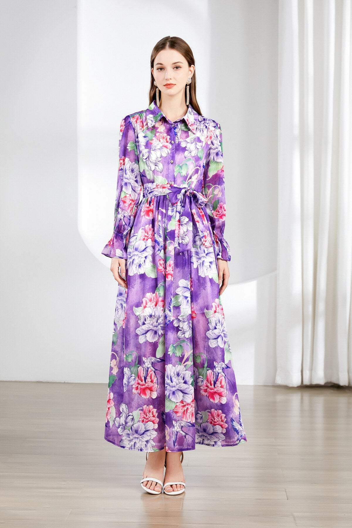 Fragrant Lavender Ruched Waist Ruffle Cuff Long Dress