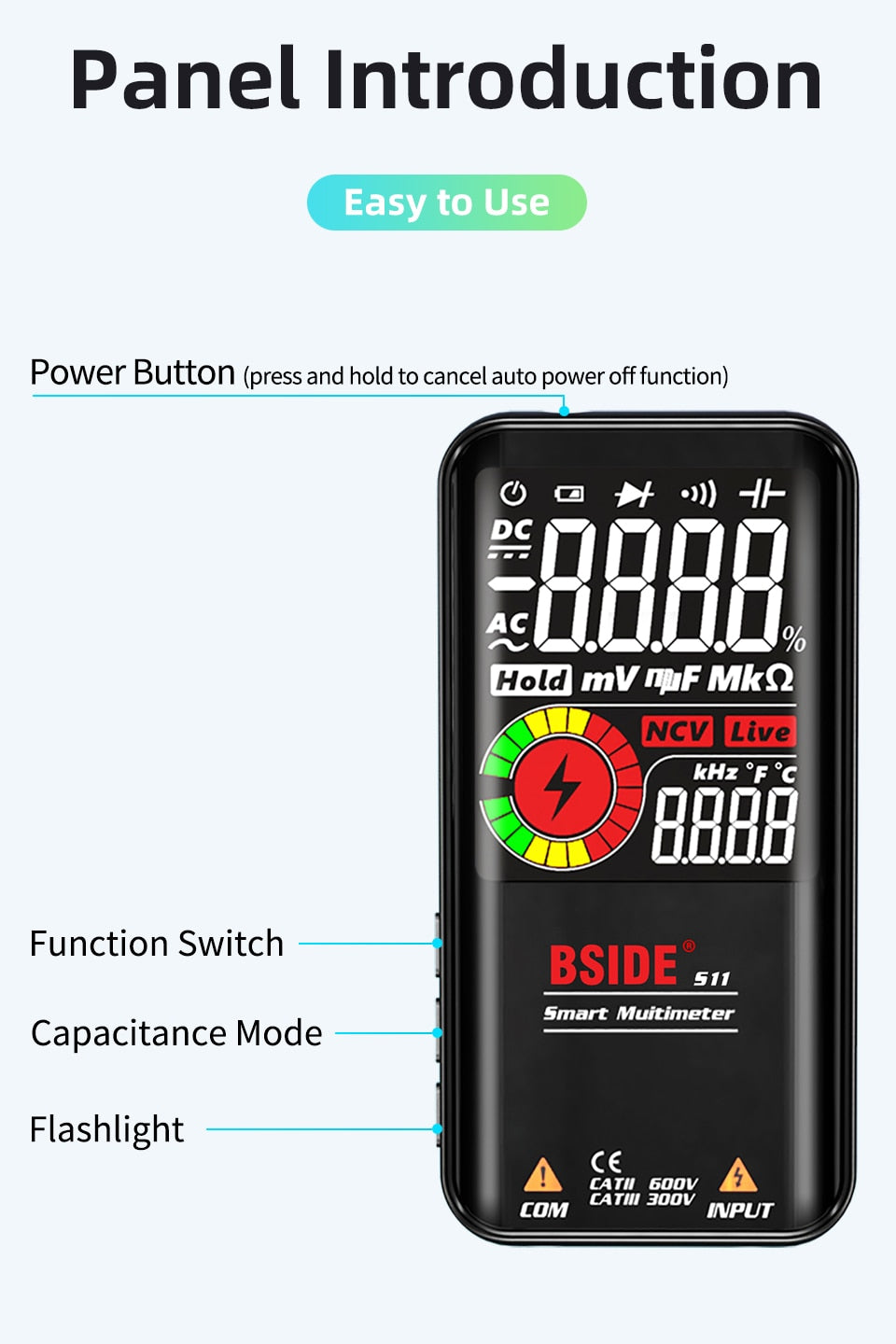 S10/11 Digital Multimeter 9999counts Smart DC AC Voltage Capacitor Ohm Diode NCV Hz Tester DMM with rechargeable battery