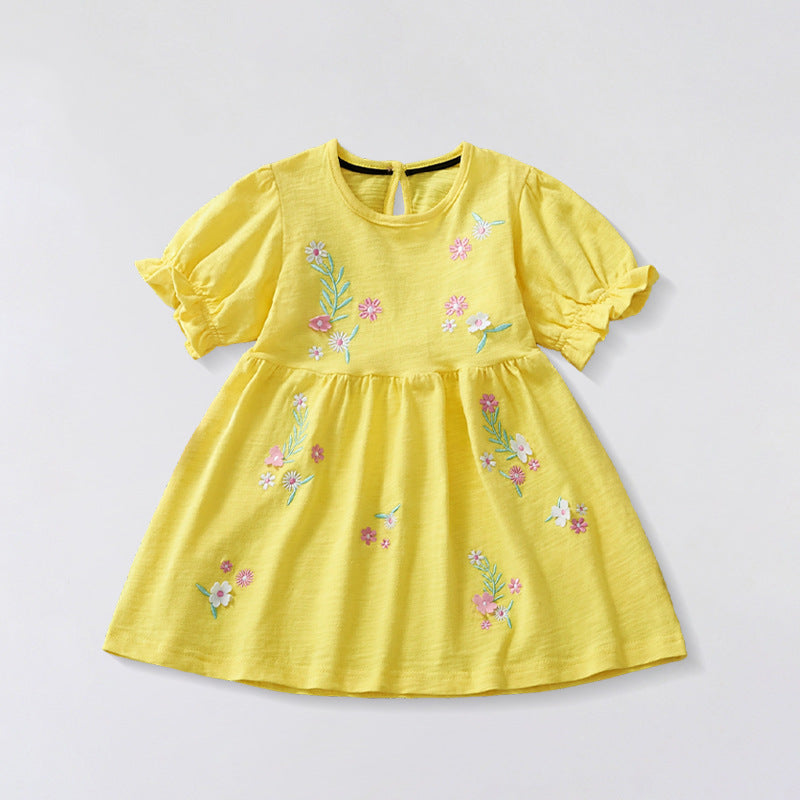 Summer Cotton Blend Flowers Cartoon Pattern Short Sleeves Dress for Stylish Girls-0