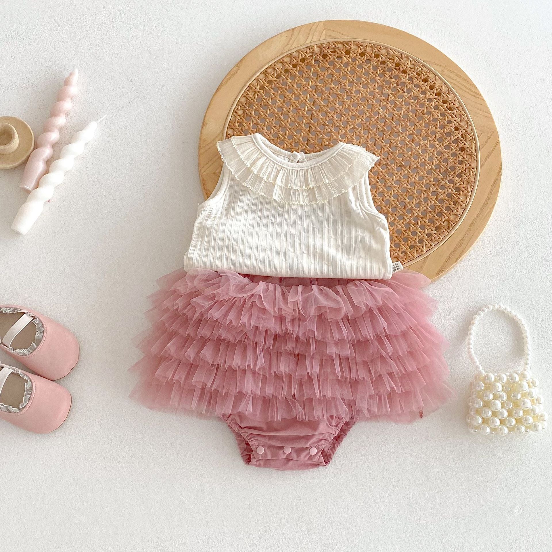Summer Baby Kids Casual Solid Color Striped Pattern Sleeveless Top Vest with Tulle Skirt Clothing Set for Girls