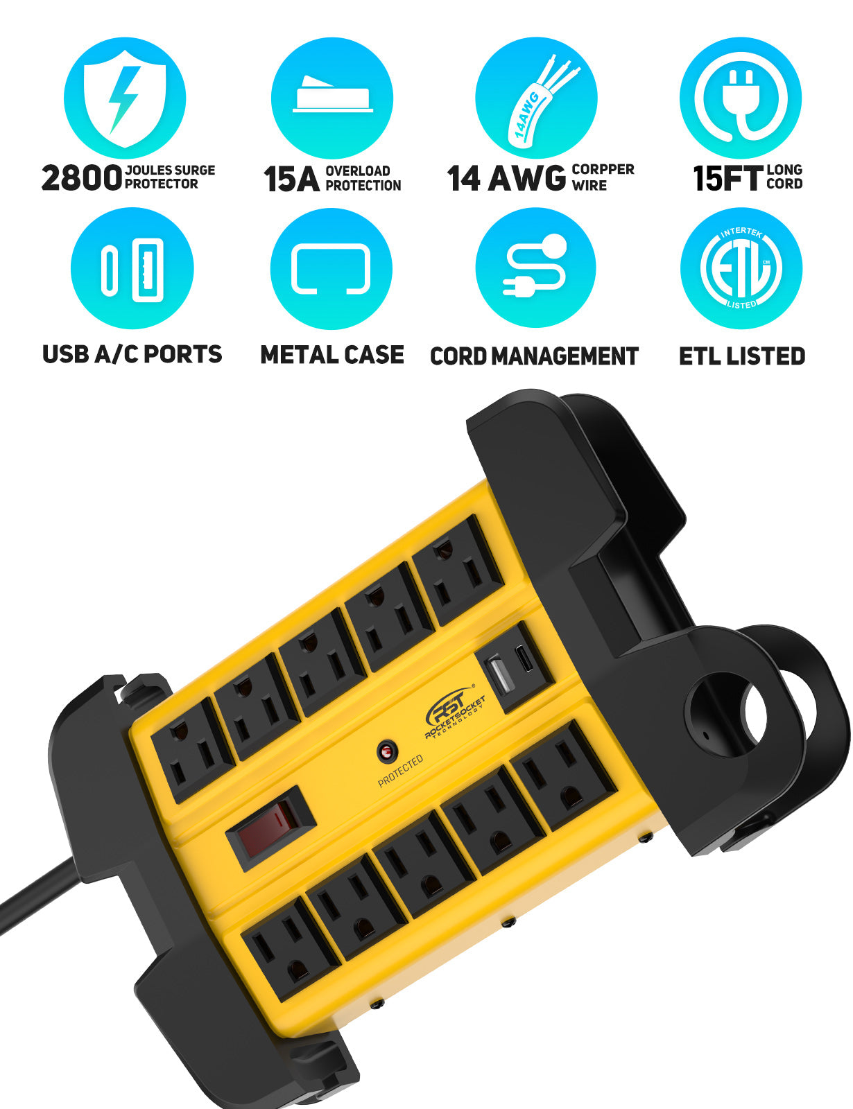 CRST Heavy Duty Power Strip with USB-C 10 Outlet Metal Surge Protector 2800J 15A Circuit Breaker Long Extension Cord Wall Mountable ETL Listed