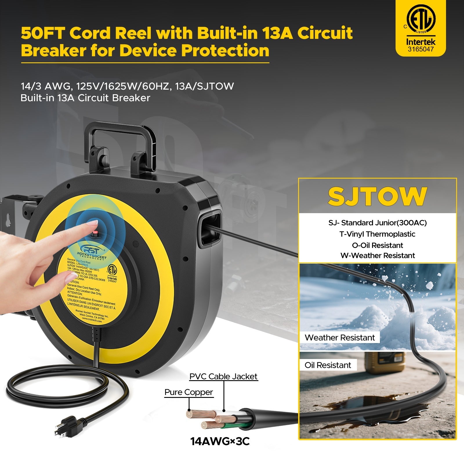 CRST 14AWG 50FT Retractable Extension Cord Reel with Handle 180° Swivel Bracket Automatic Retraction UL Listed 36 Months Warranty