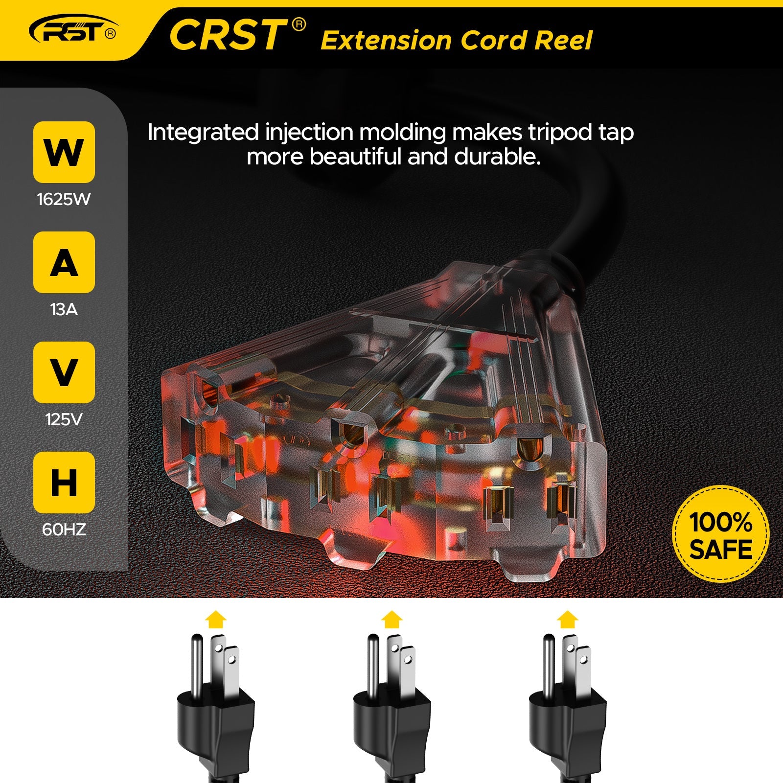 CRST 14AWG 50FT Retractable Extension Cord Reel with Handle 180° Swivel Bracket Automatic Retraction UL Listed 36 Months Warranty