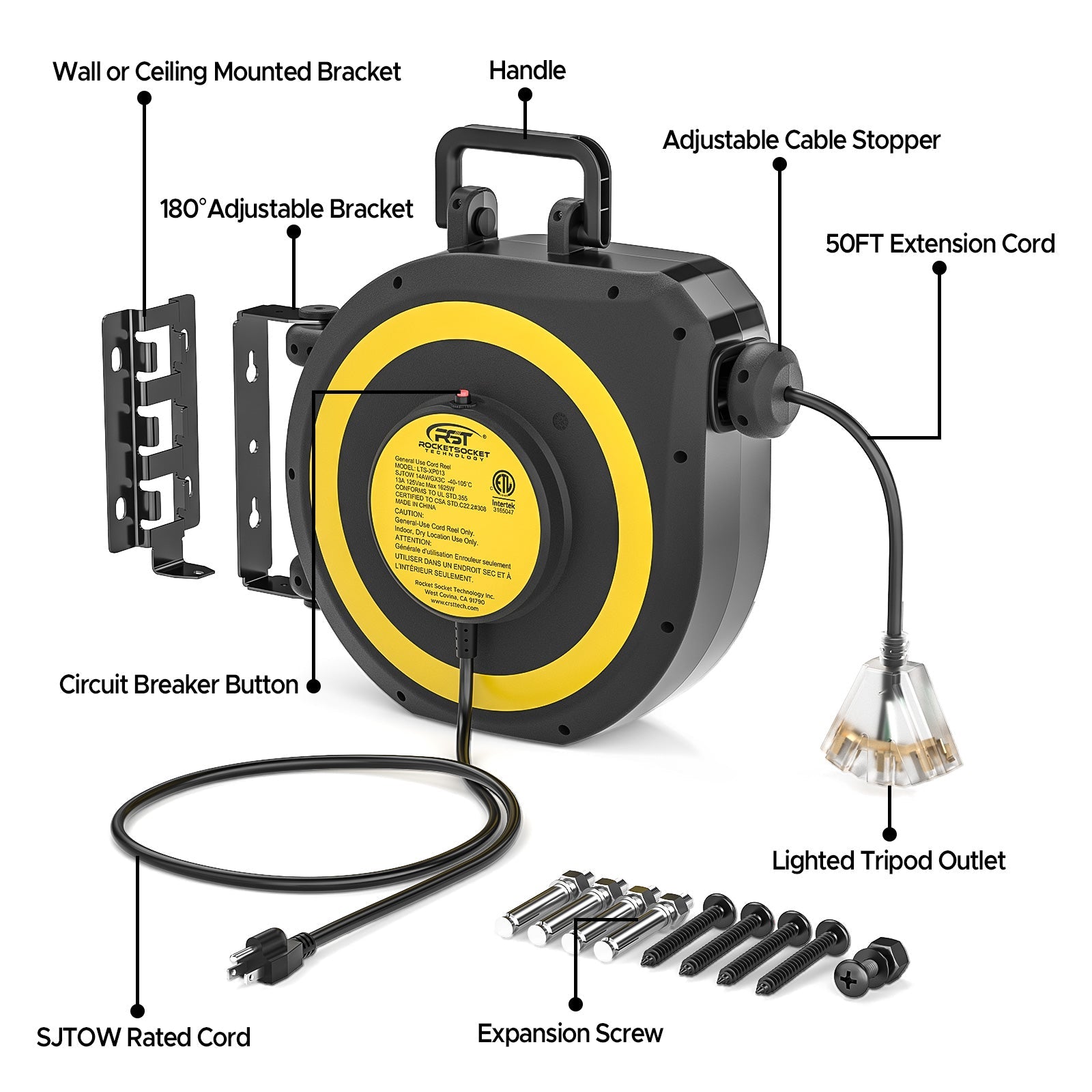 CRST 14AWG 50FT Retractable Extension Cord Reel with Handle 180° Swivel Bracket Automatic Retraction UL Listed 36 Months Warranty
