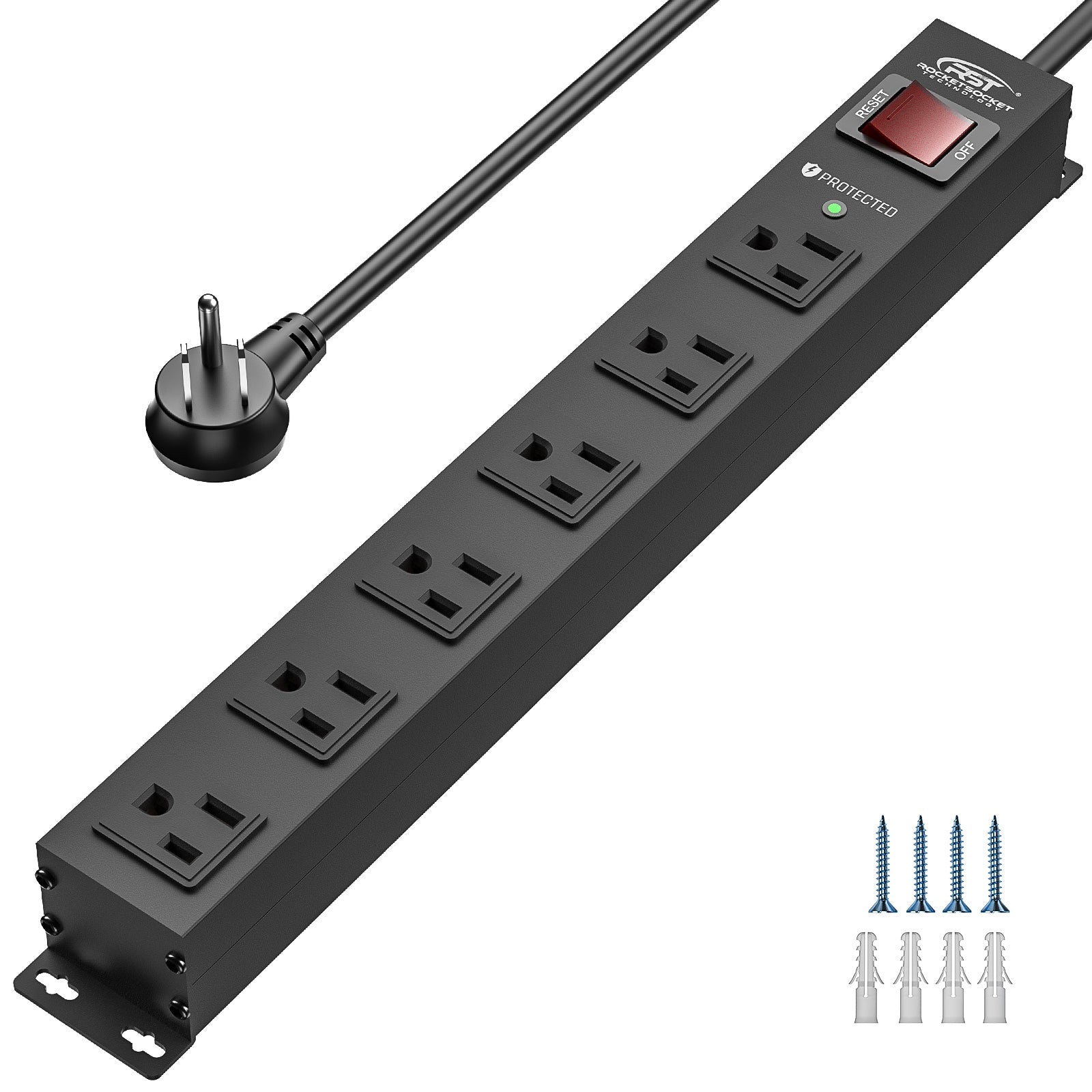 CRST 6 Outlets Wide Spaced Mountable Metal Power Strip Surge Protector, 6FT Flat Plug Power Cord, Mounting Kits Included