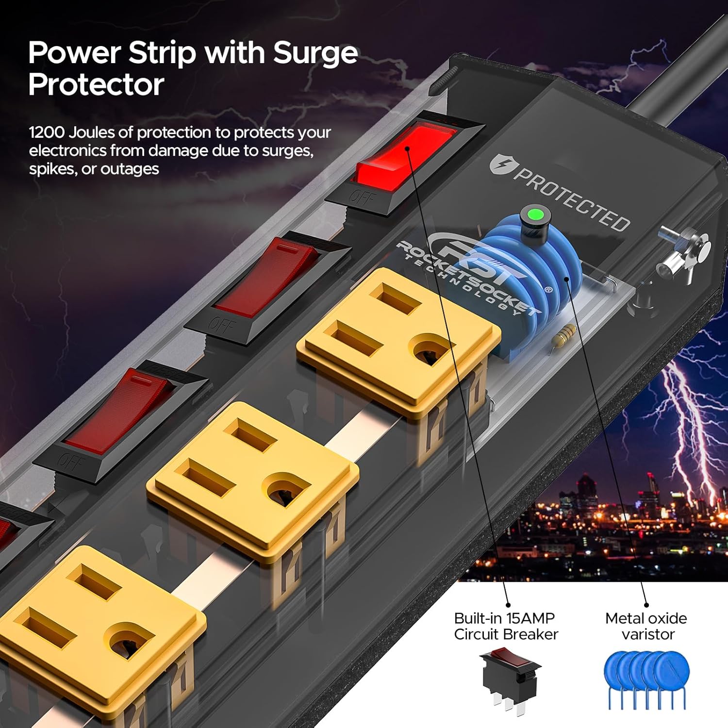 CRST 8 Outlet Metal Surge Protector Power Strip with Individual Switches, 15A Circuit Breaker 1200 Joules Protection 6FT Extension Cord and Mountable Kits Included