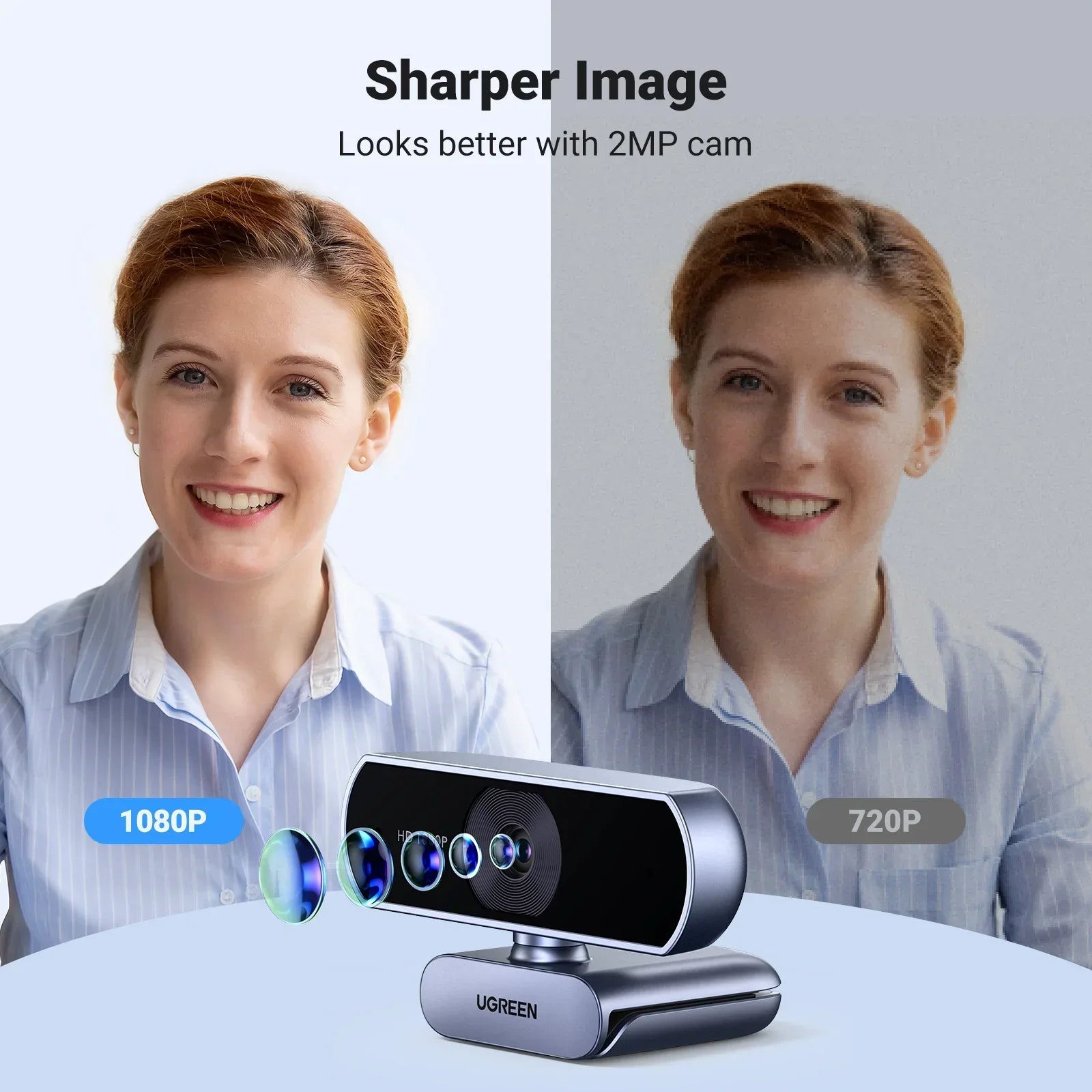 1080P HD Webcam Dual Mics Auto Light Correction Black