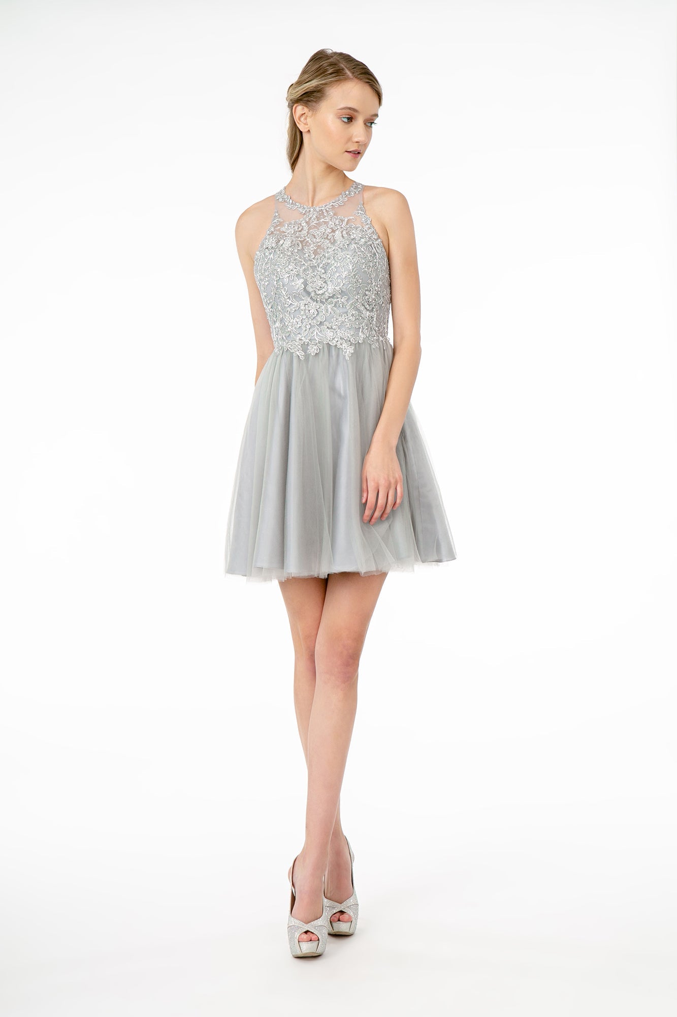 Jewel Embellished Embroidery Tulle Short Dress w/ Strap Back