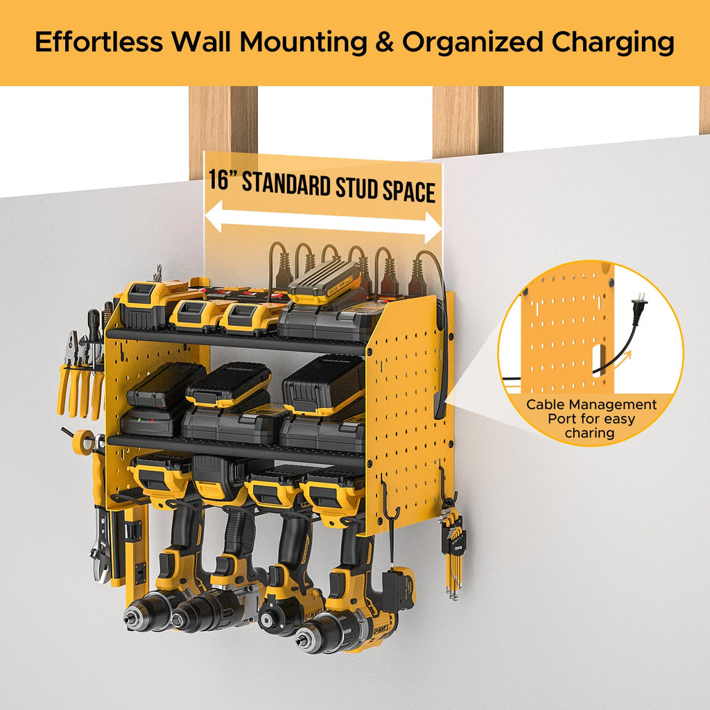 3 Layers Power Tool Organizer Wall Mount with Charging Station, Garage Tool Storage Rack Shelf with 8-Outlet Individual Switches Power Strip