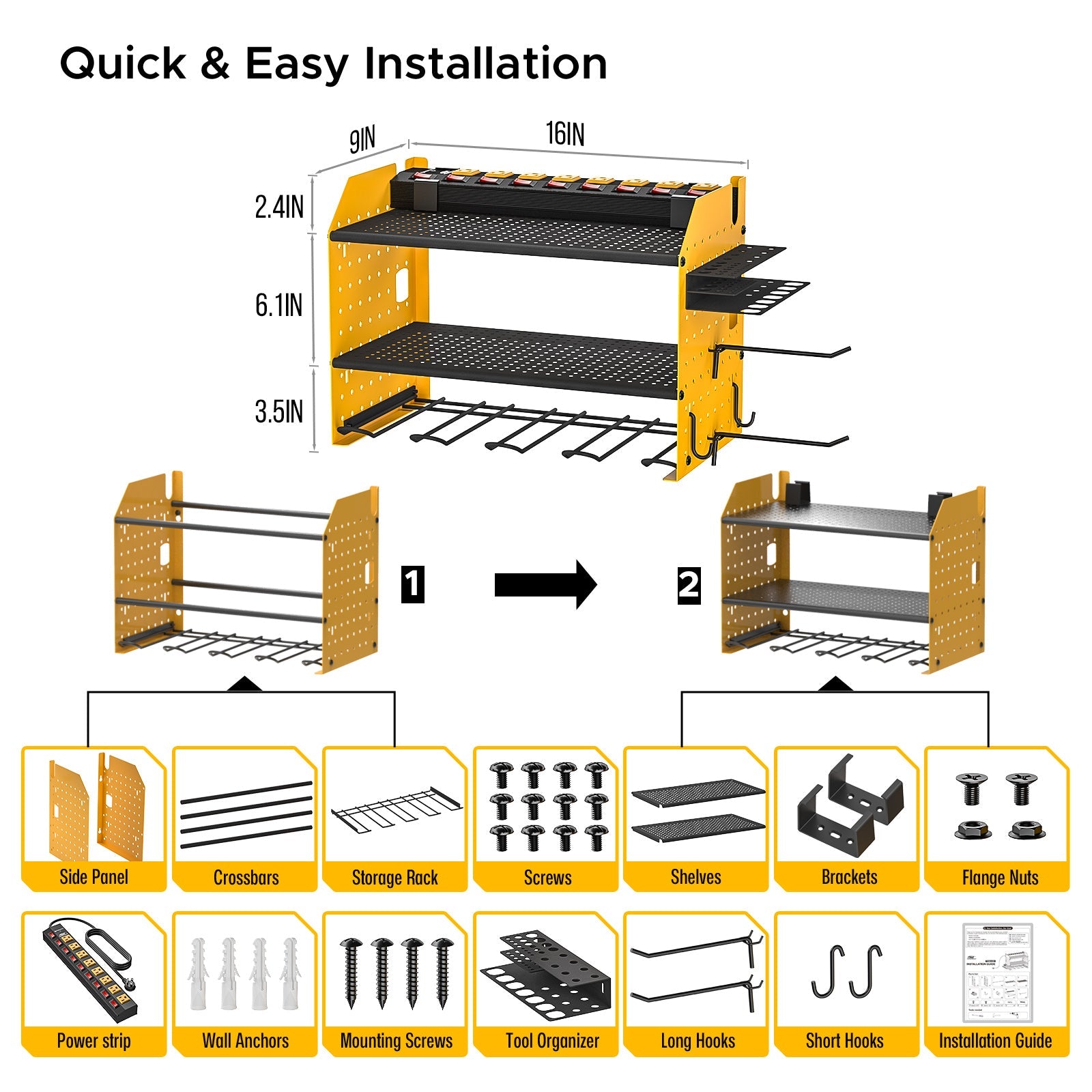 3 Layers Power Tool Organizer Wall Mount with Charging Station, Garage Tool Storage Rack Shelf with 8-Outlet Individual Switches Power Strip