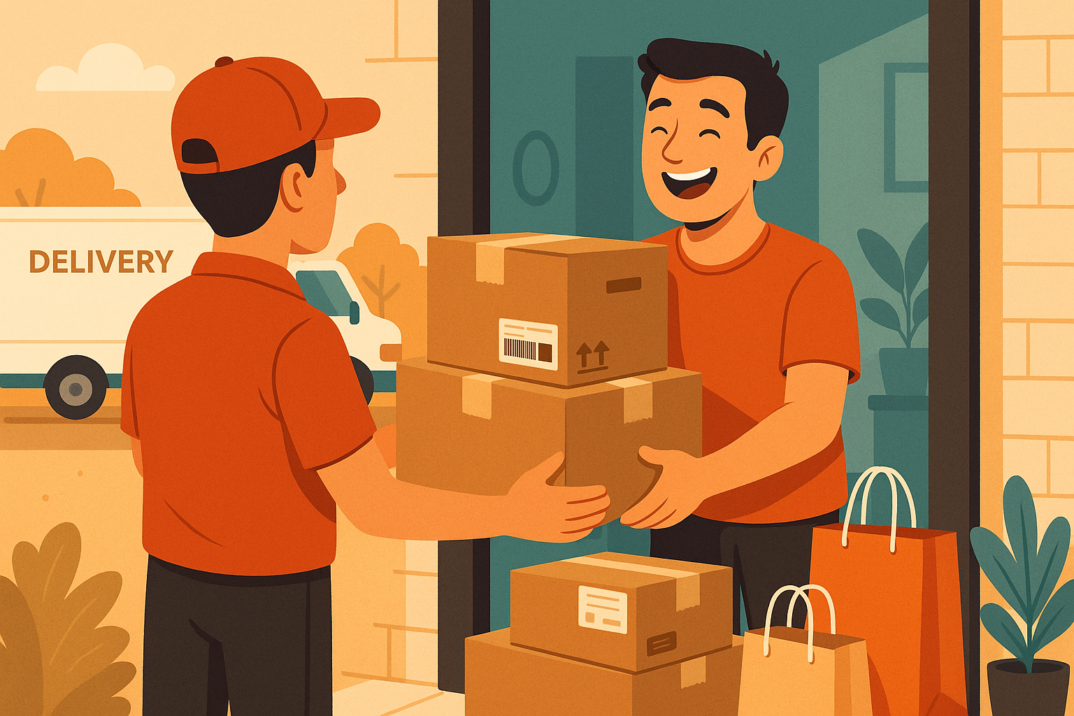 An illustration of a man receiving packages from online store