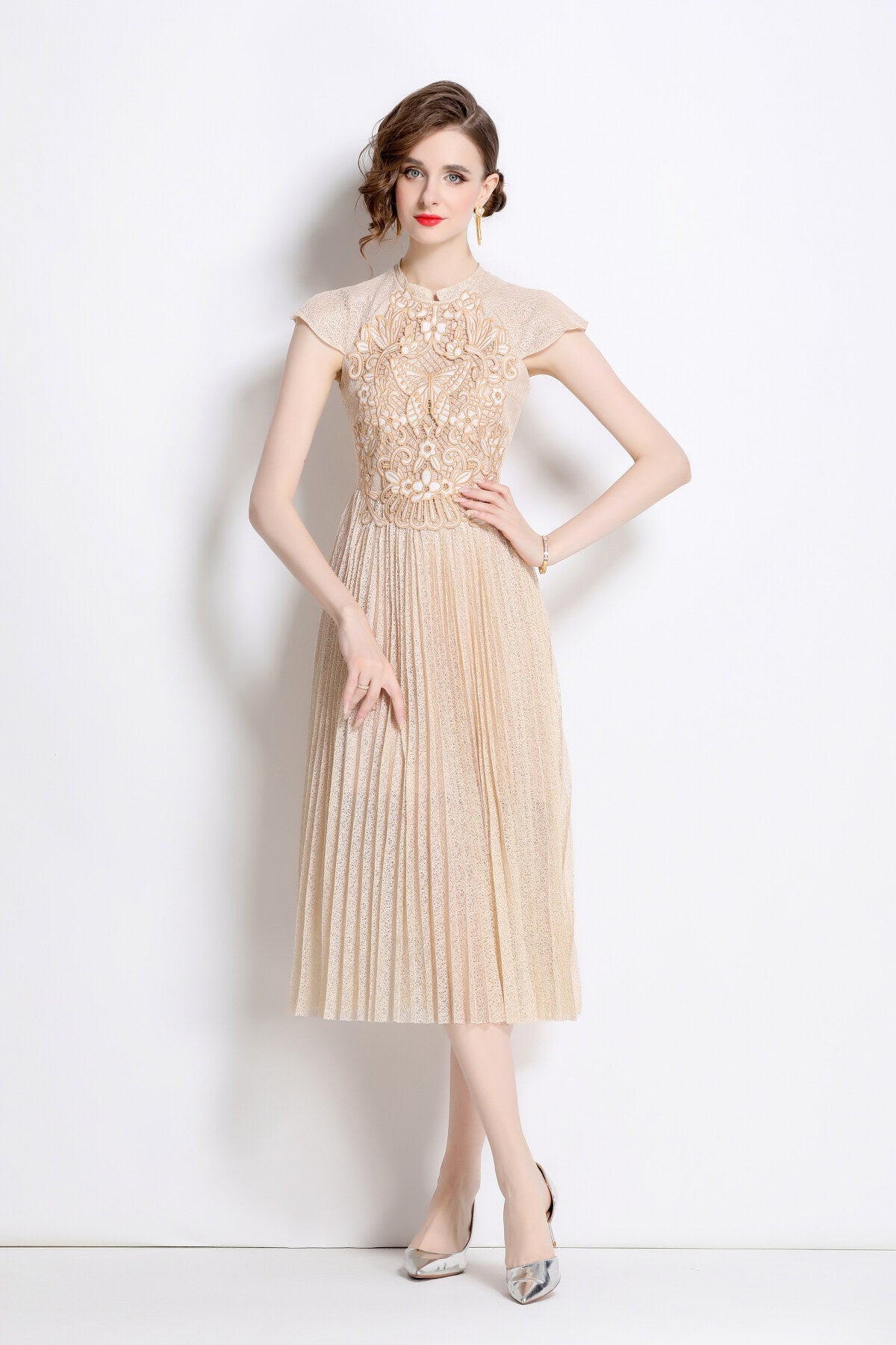 Apricot Lace Embroidered Pleated Midi Dress