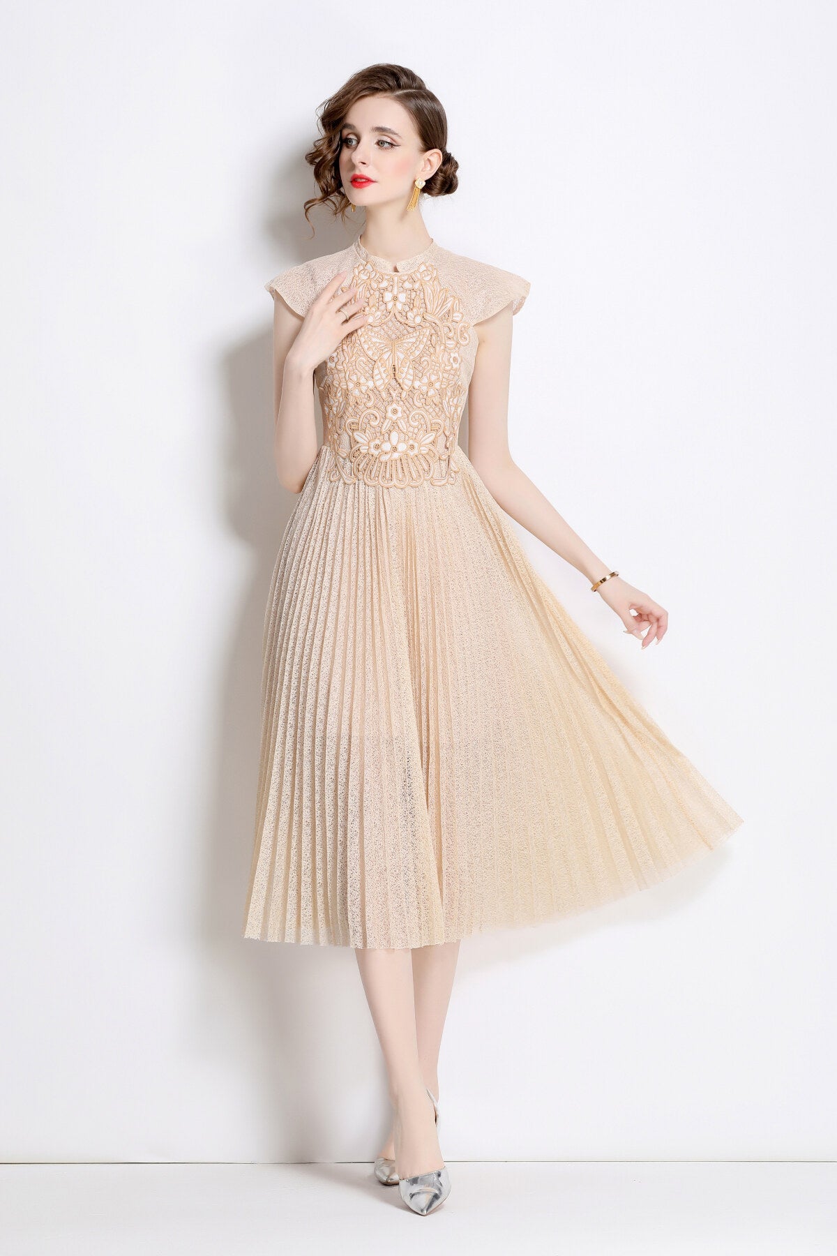 Apricot Lace Embroidered Pleated Midi Dress