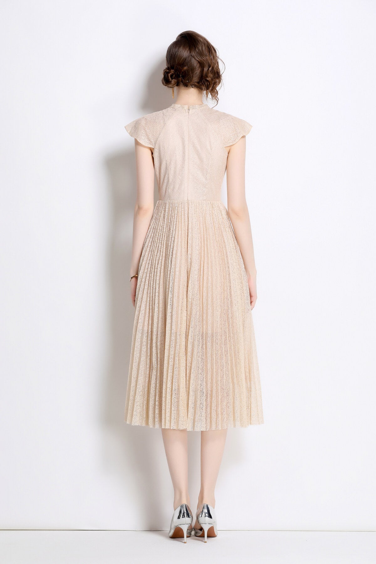 Apricot Lace Embroidered Pleated Midi Dress