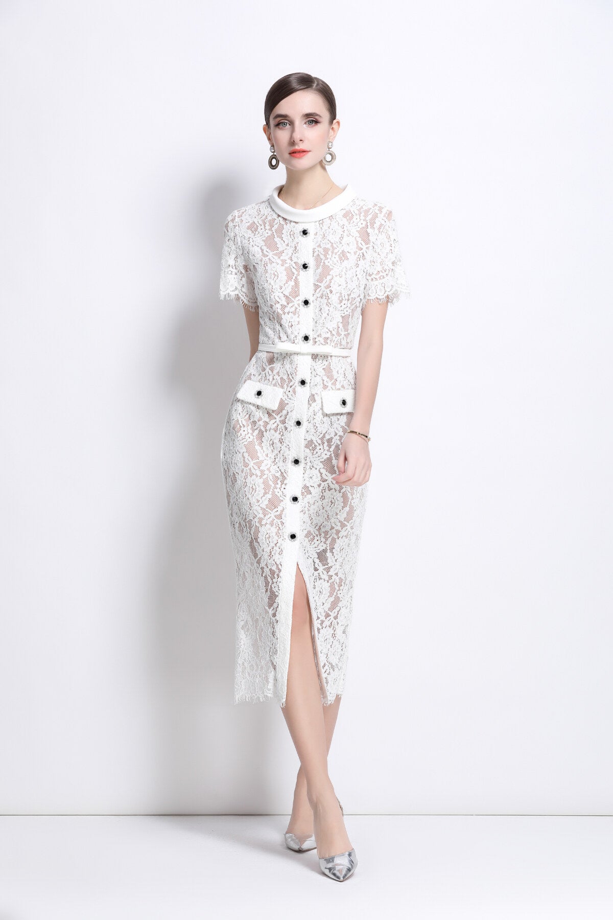 Blanca Slim Fit Round Neck Button Down Lace Dress