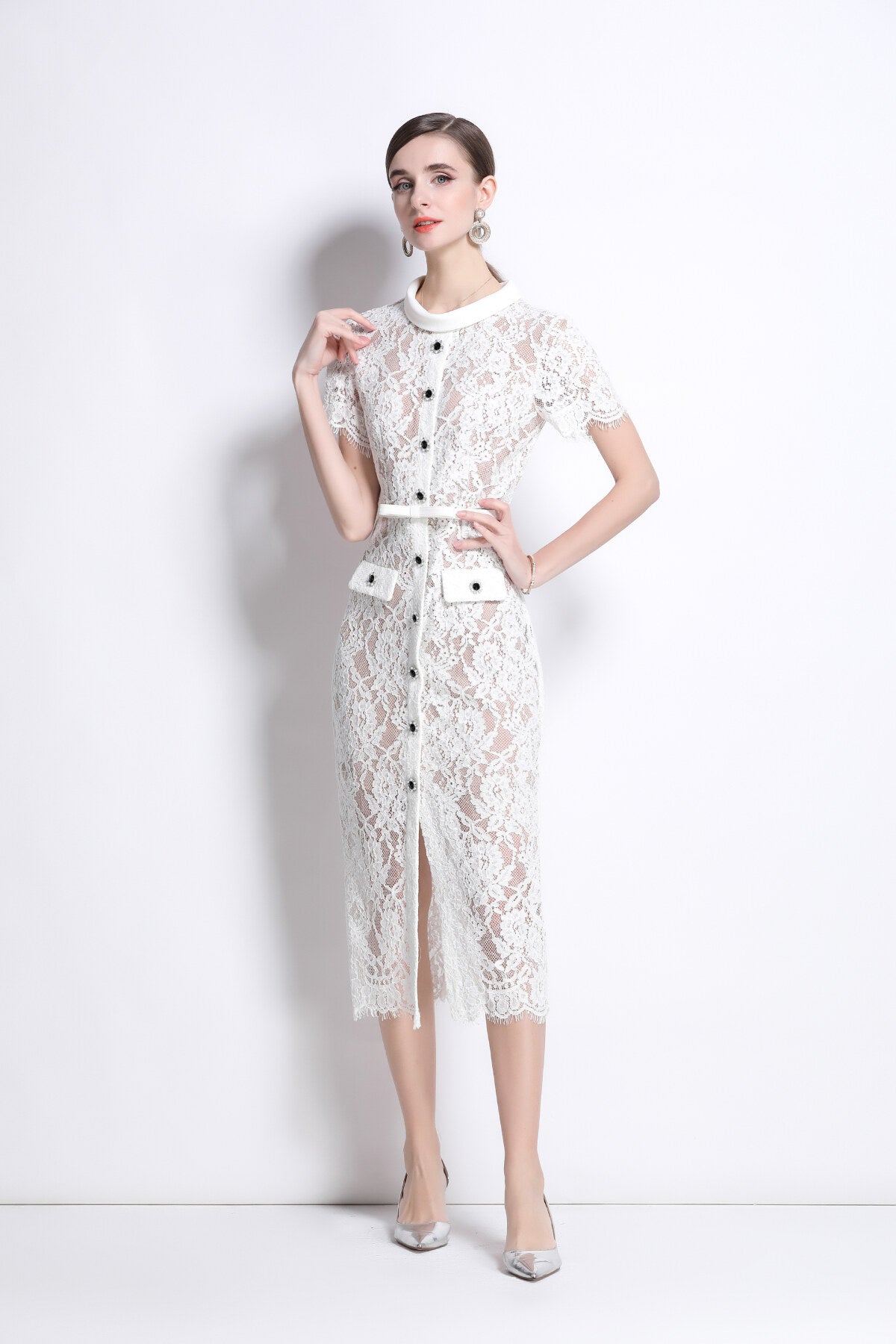 Blanca Slim Fit Round Neck Button Down Lace Dress