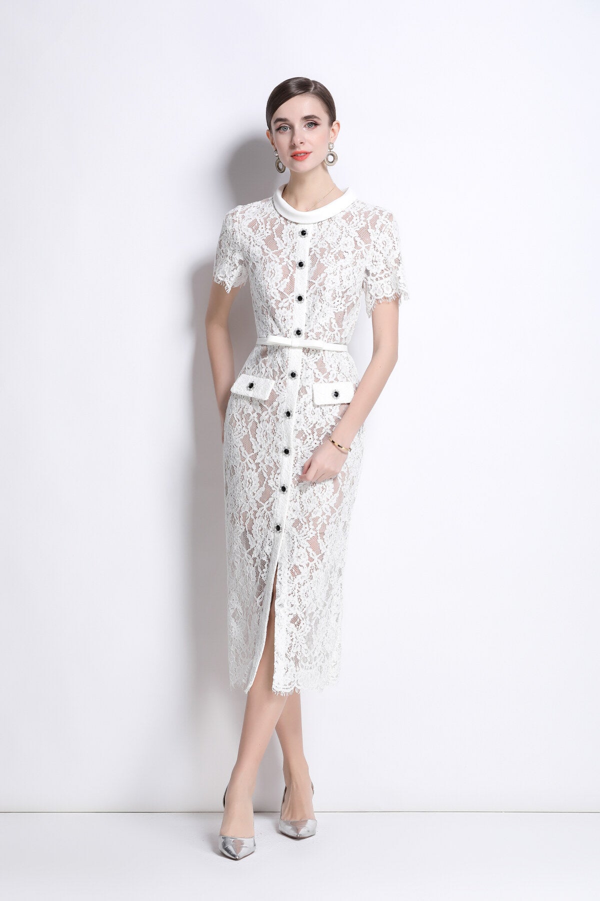 Blanca Slim Fit Round Neck Button Down Lace Dress