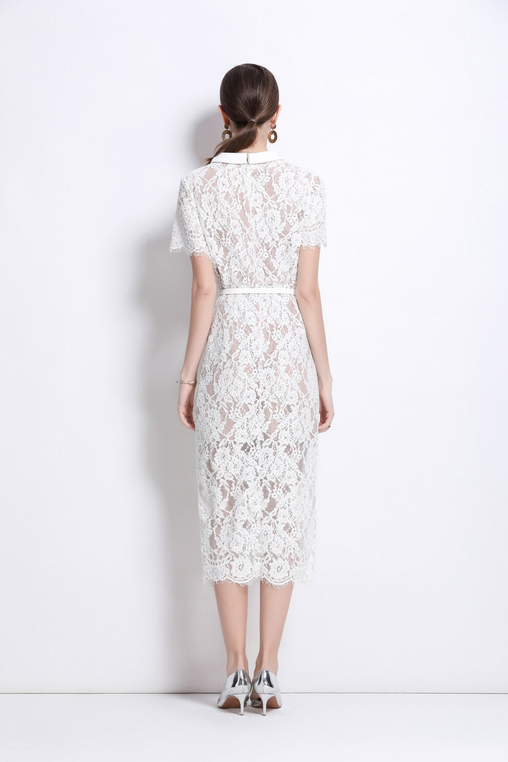 Blanca Slim Fit Round Neck Button Down Lace Dress