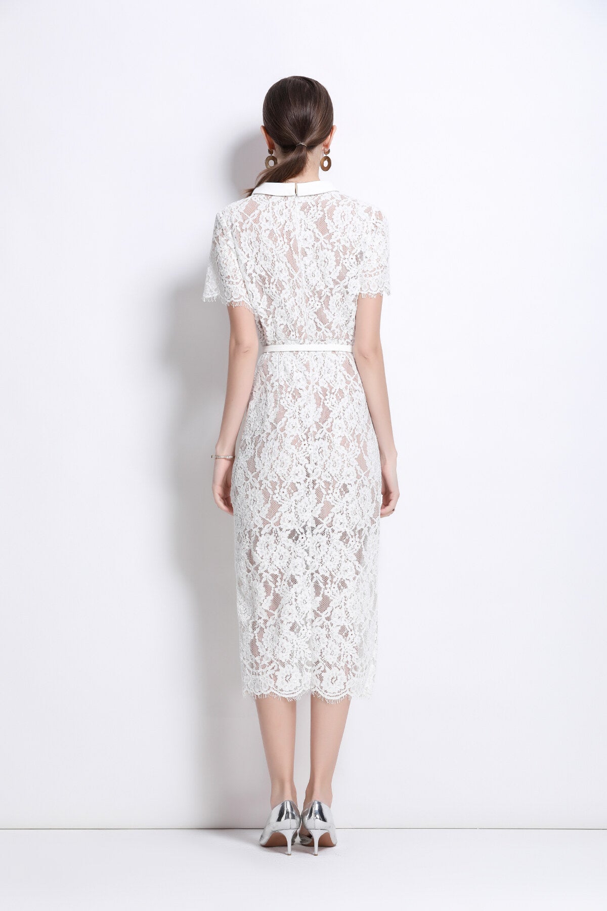 Blanca Slim Fit Round Neck Button Down Lace Dress