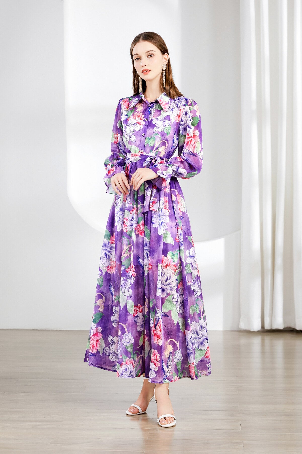 Fragrant Lavender Ruched Waist Ruffle Cuff Long Dress