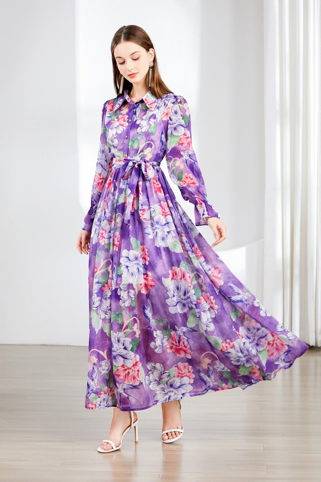 Fragrant Lavender Ruched Waist Ruffle Cuff Long Dress