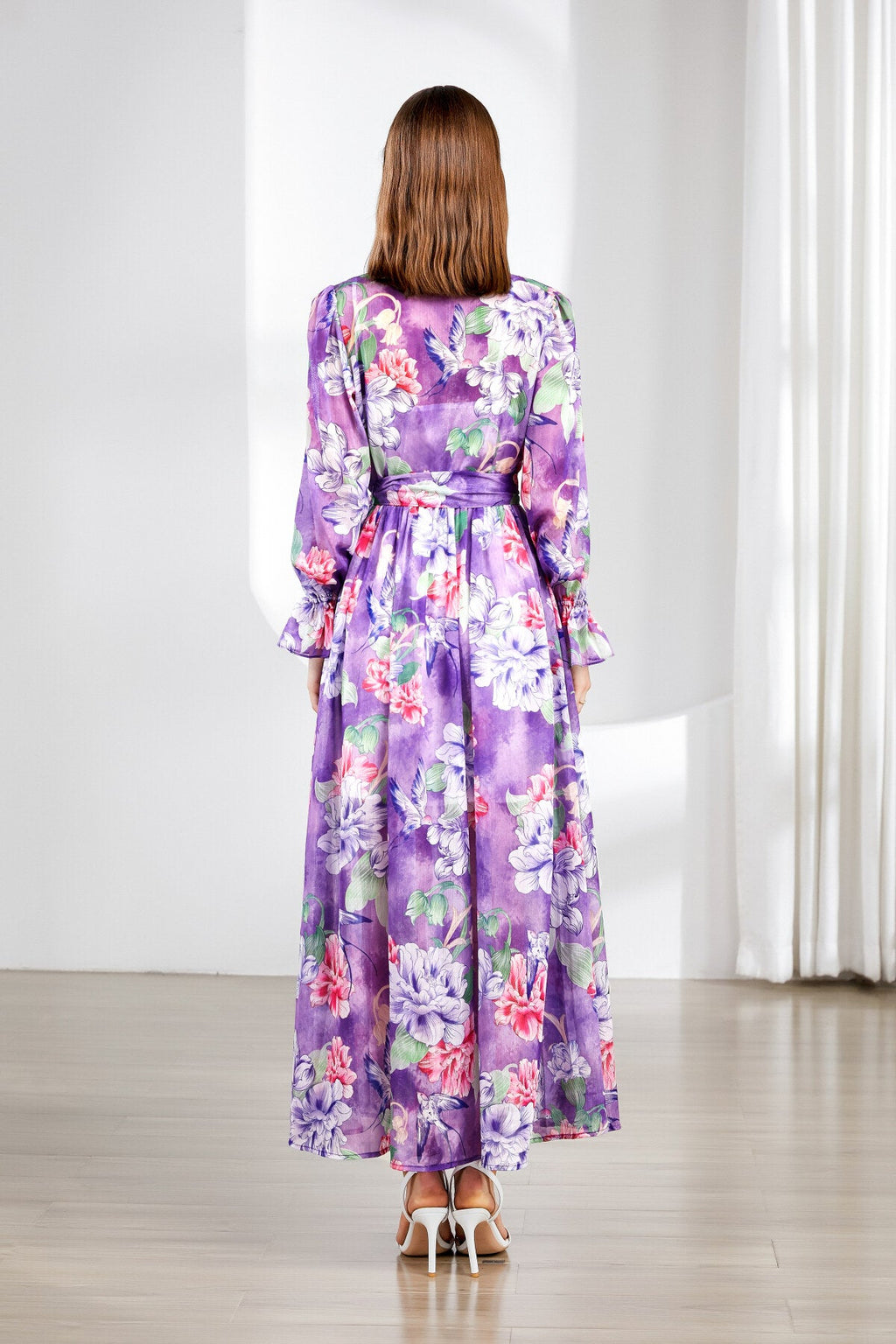 Fragrant Lavender Ruched Waist Ruffle Cuff Long Dress