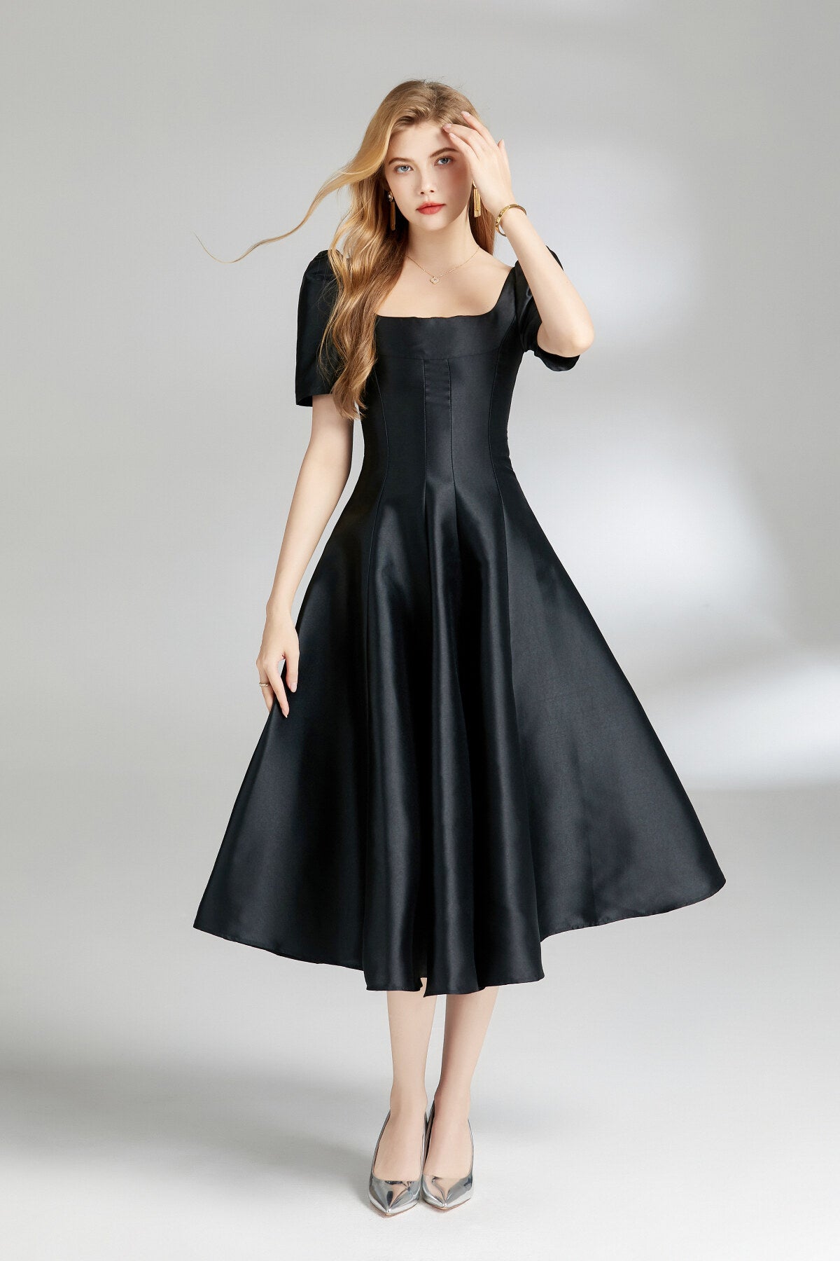 French Square Neck Flared Evening Dress