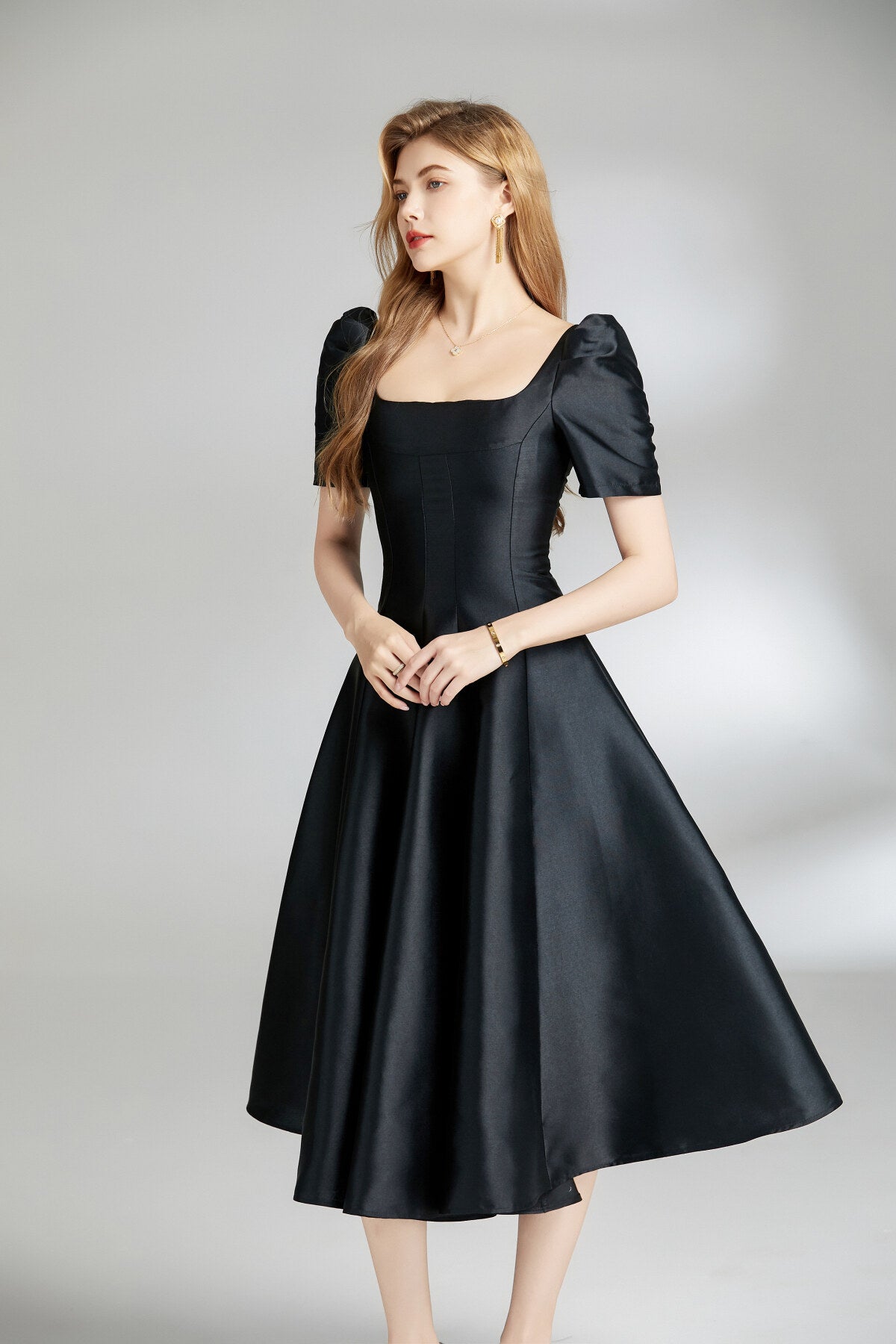 French Square Neck Flared Evening Dress