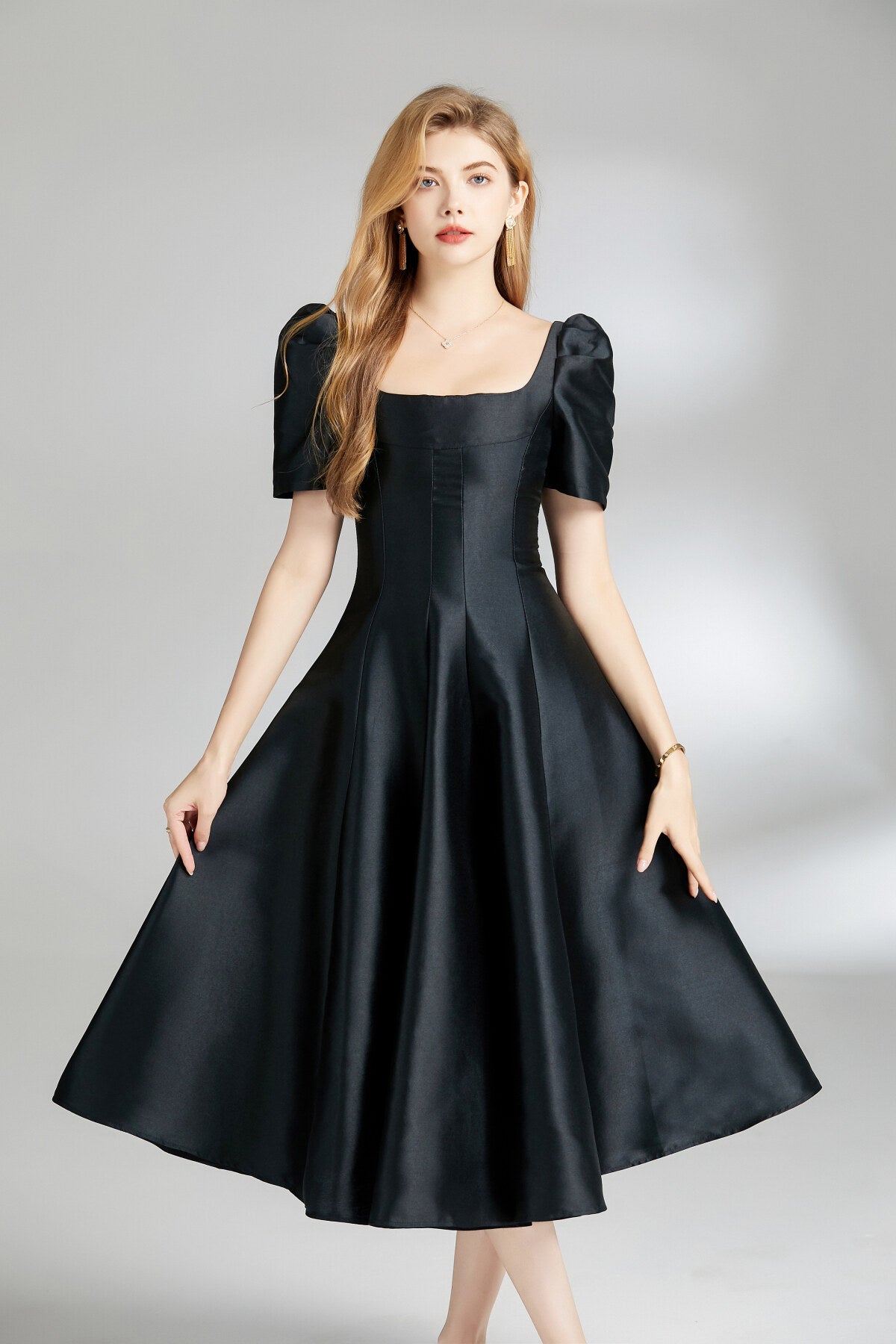 French Square Neck Flared Evening Dress