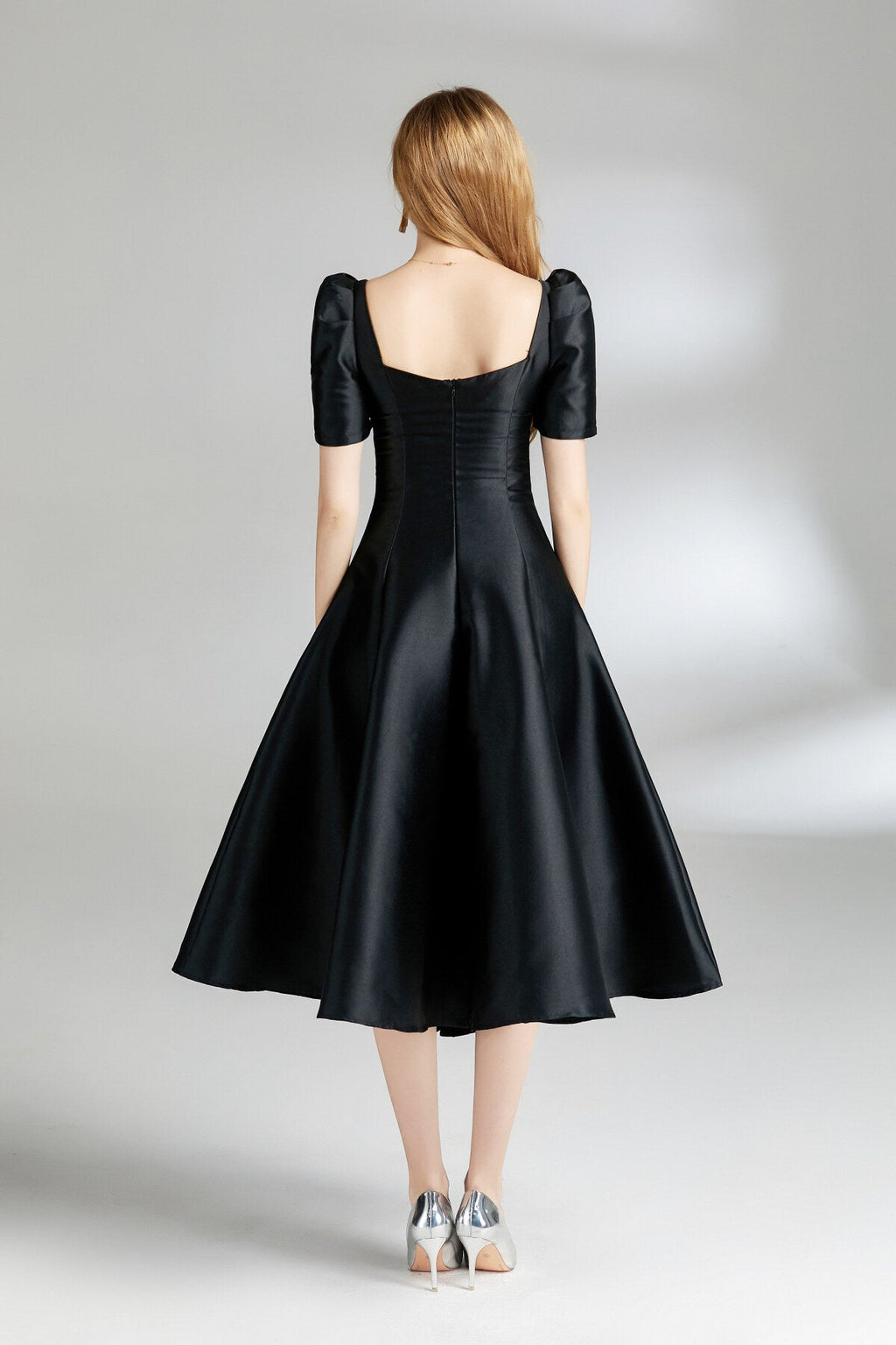 French Square Neck Flared Evening Dress