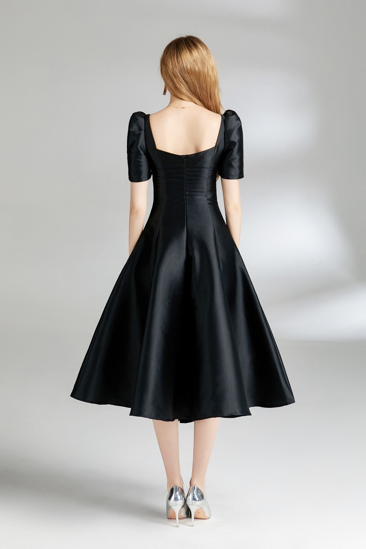 French Square Neck Flared Evening Dress