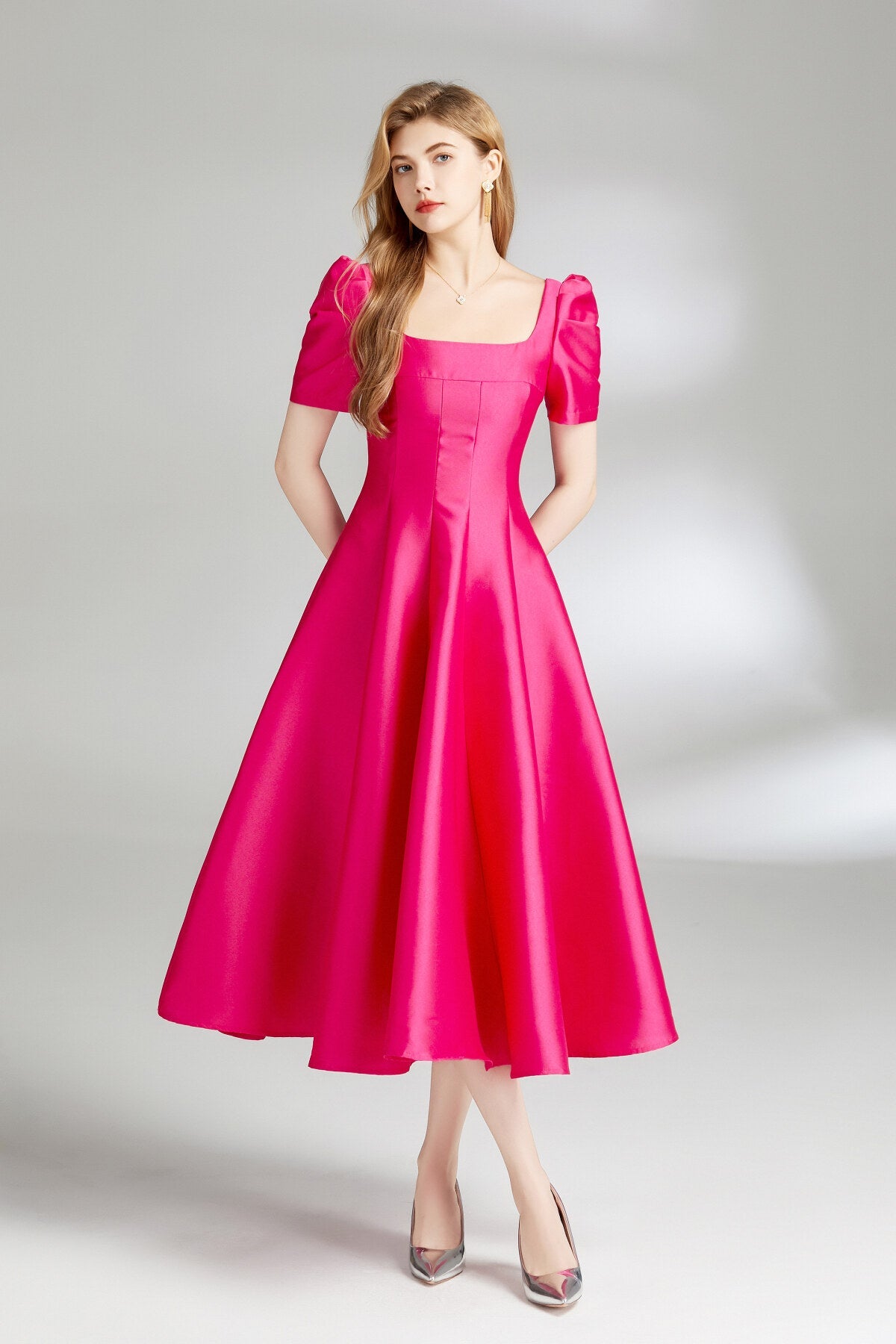 French Square Neck Flared Evening Dress
