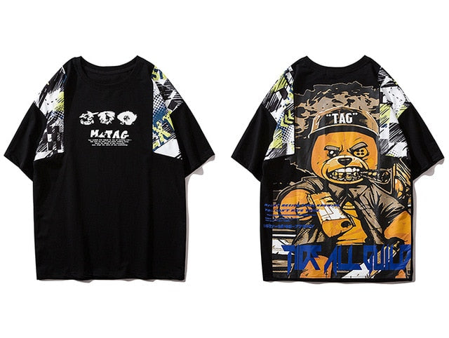 Hip Hop T Shirt Men Harajuku Streetwear Ferocious Bear Print Patchwork Tops Casual Cotton Short Sleeve Tees