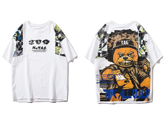 Hip Hop T Shirt Men Harajuku Streetwear Ferocious Bear Print Patchwork Tops Casual Cotton Short Sleeve Tees