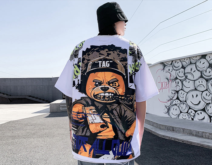 Hip Hop T Shirt Men Harajuku Streetwear Ferocious Bear Print Patchwork Tops Casual Cotton Short Sleeve Tees