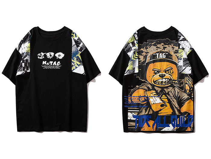 Hip Hop T Shirt Men Harajuku Streetwear Ferocious Bear Print Patchwork Tops Casual Cotton Short Sleeve Tees