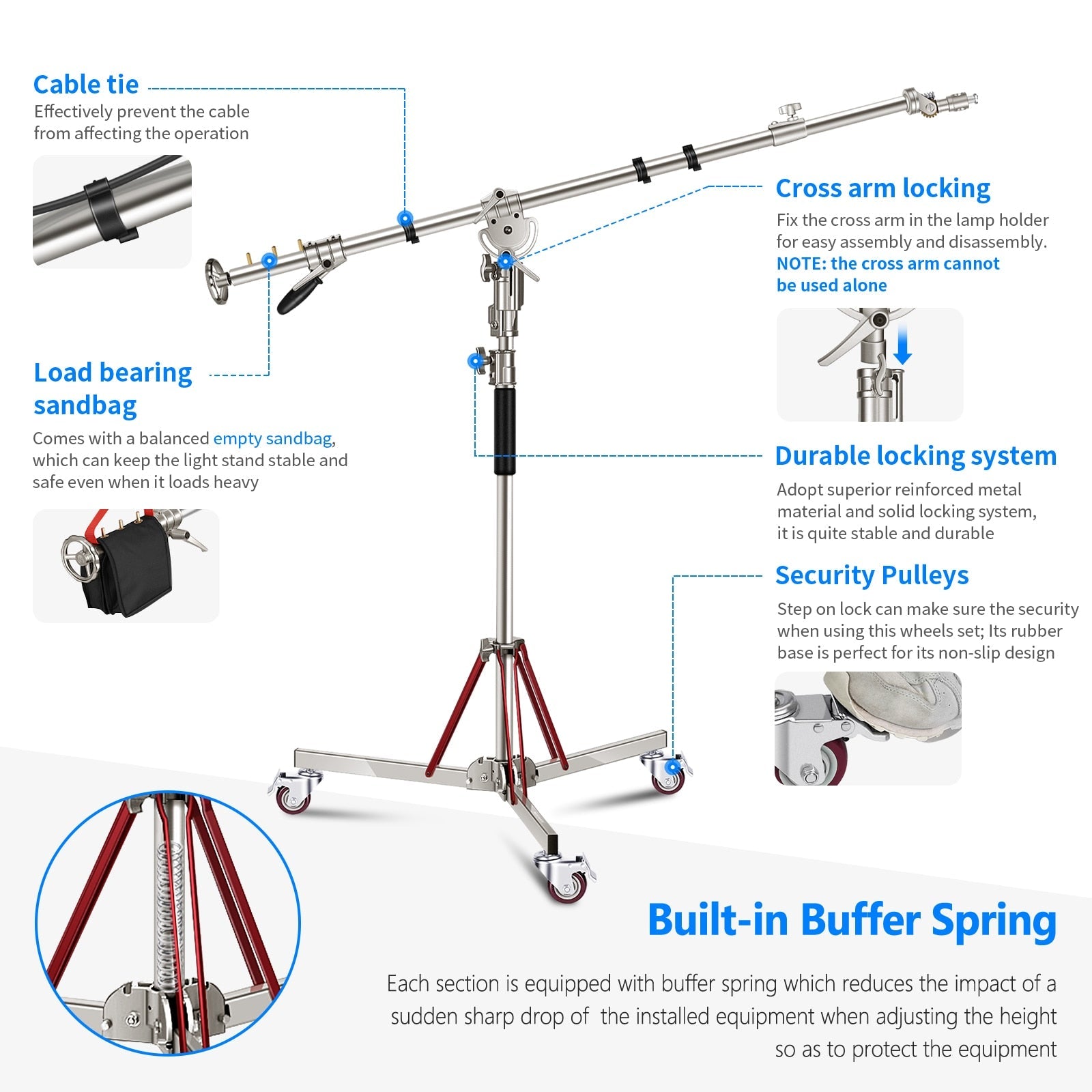 Heavy Duty Light Stand with Casters and Pro Boom Arm,  Stainless Steel Tripod Stand with Crossbar for Reflector,Monolight