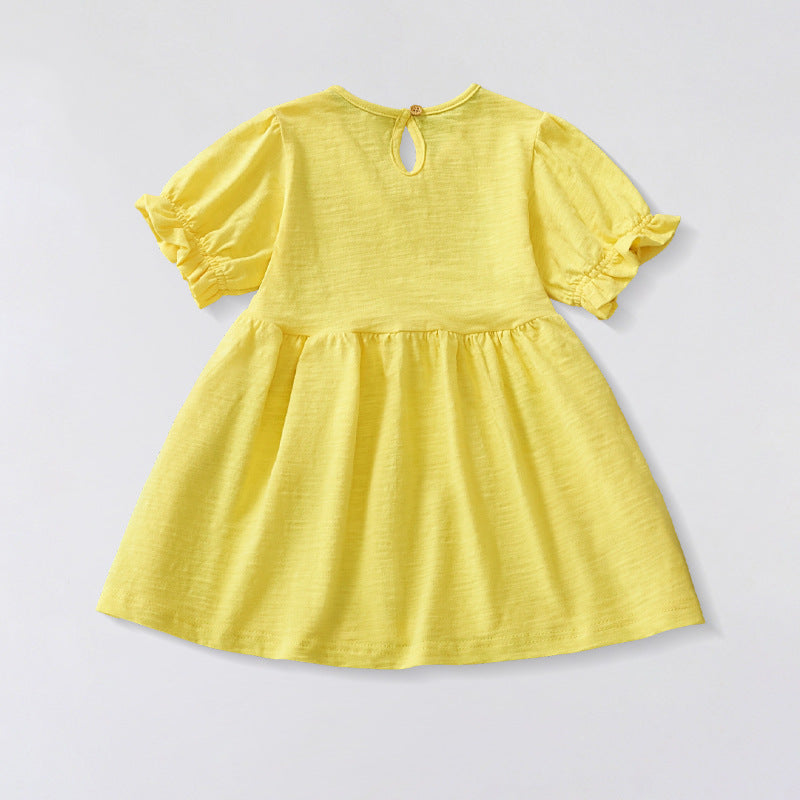 Summer Cotton Blend Flowers Cartoon Pattern Short Sleeves Dress for Stylish Girls