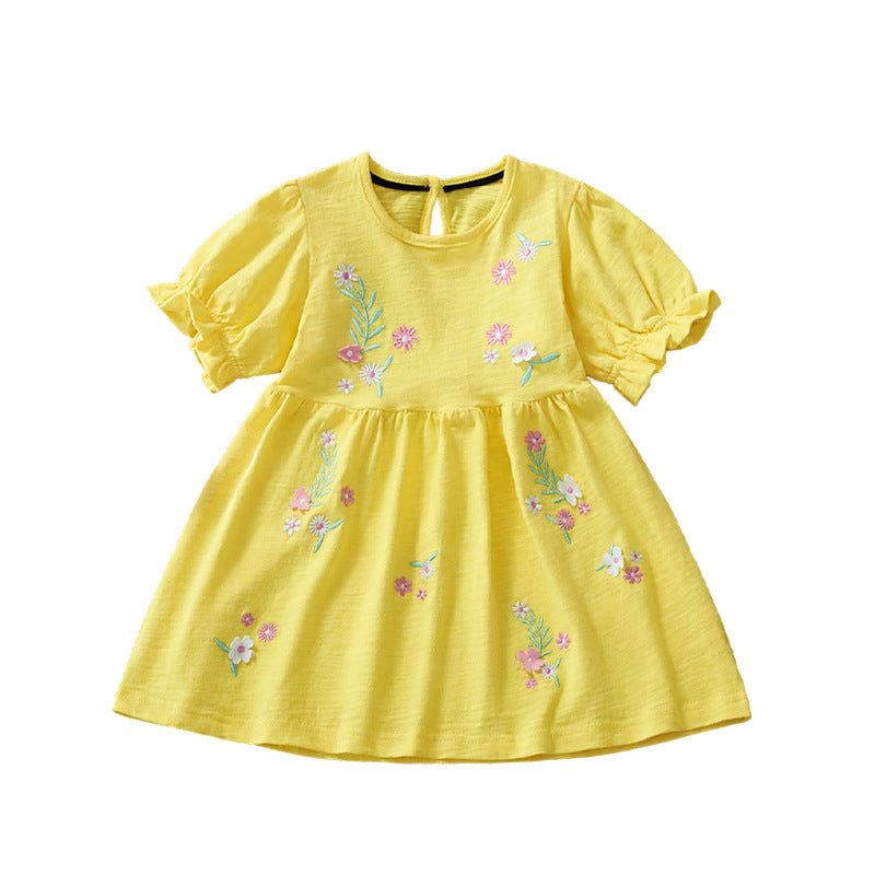Summer Cotton Blend Flowers Cartoon Pattern Short Sleeves Dress for Stylish Girls