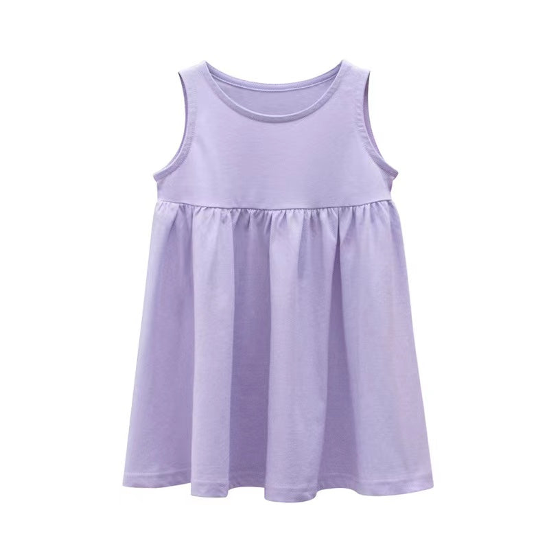 Baby Girls Solid Round Collar Design Sleeveless Dress In Summer
