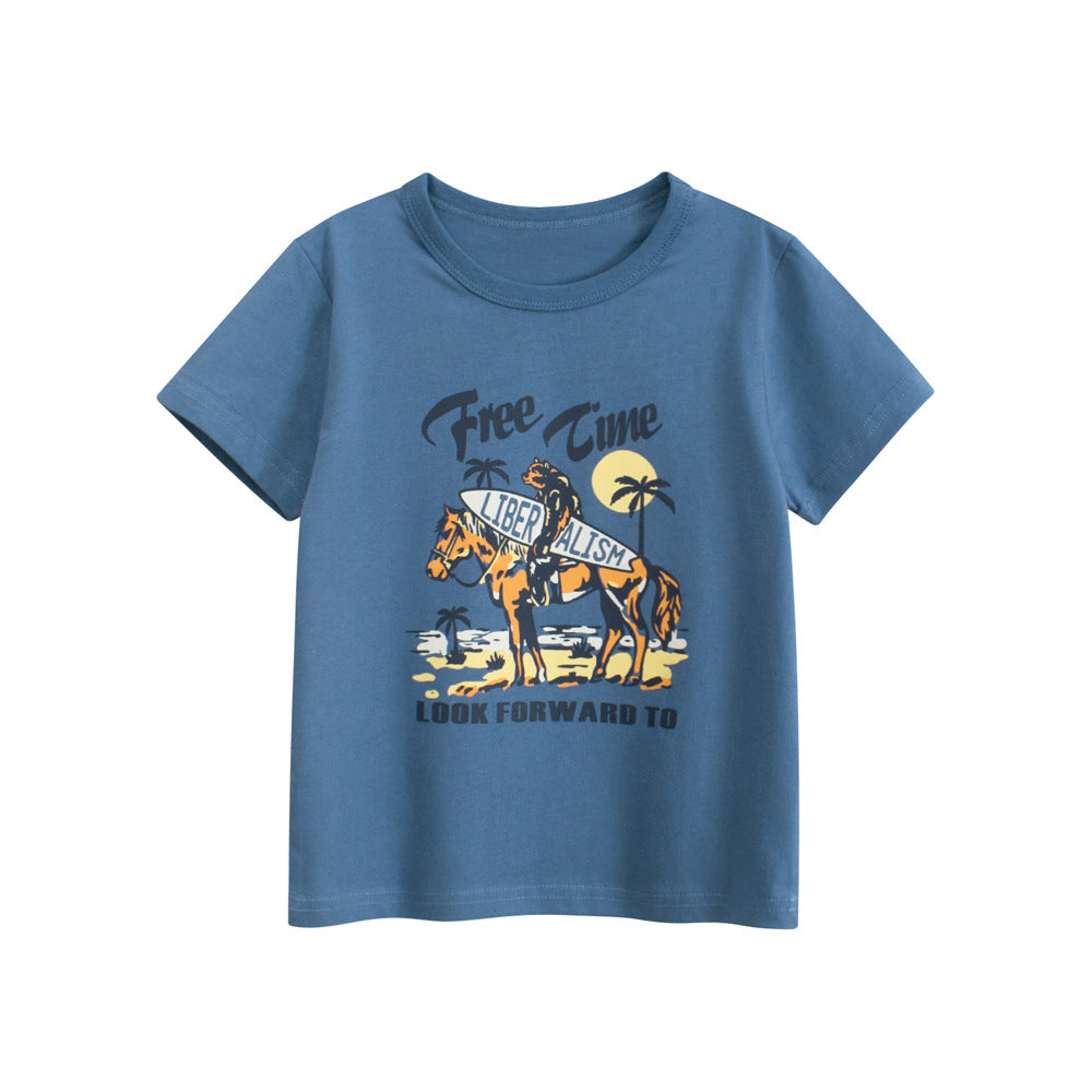 Summer Boys’ Cartoon and Letters Pattern T-shirt in European and American Style