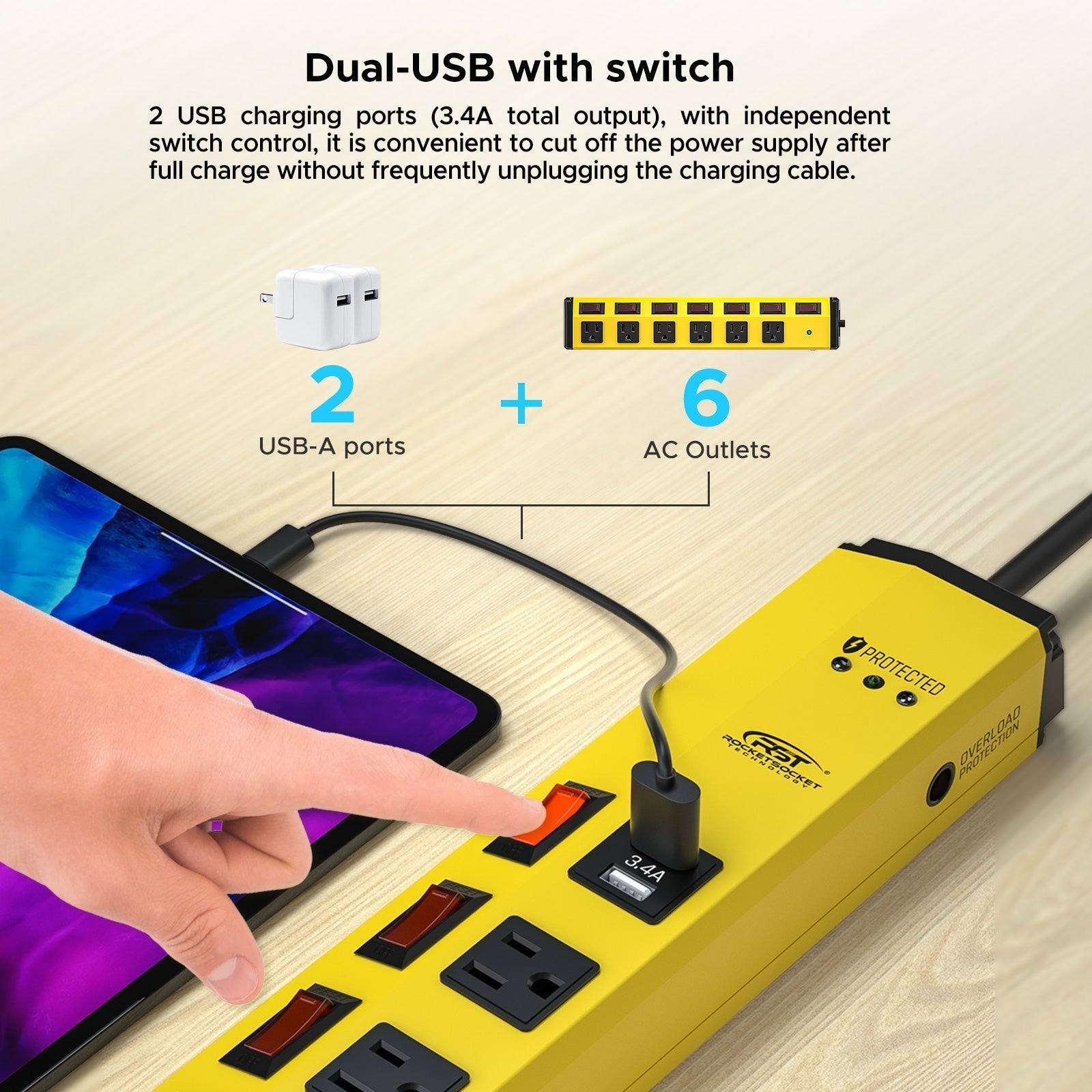 CRST 6 Outlets Individual Switches Mountable Metal Power Strip Surge Protector with Dural USB Ports 6FT Flat Plug Power Cord