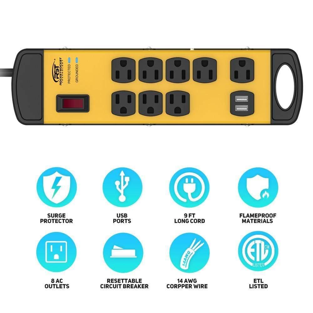 CRST 8 Outlets Dural USB Mountable Metal Power Strip Surge Protector W/ Cord Wrapping Design, 9FT Power Cord