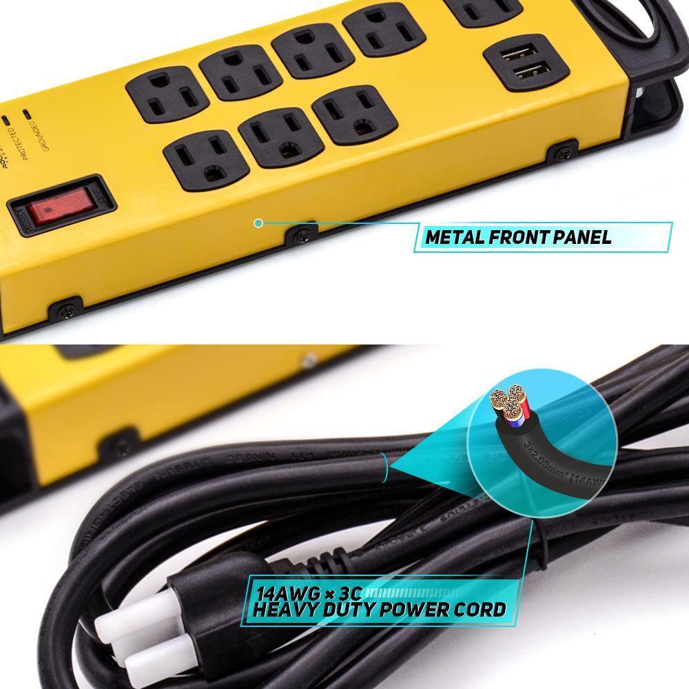 CRST 8 Outlets Dural USB Mountable Metal Power Strip Surge Protector W/ Cord Wrapping Design, 9FT Power Cord