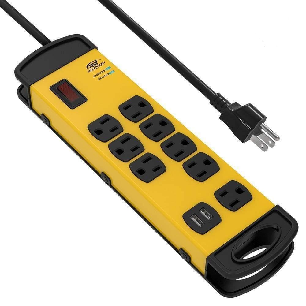 CRST 8 Outlets Dural USB Mountable Metal Power Strip Surge Protector W/ Cord Wrapping Design, 9FT Power Cord