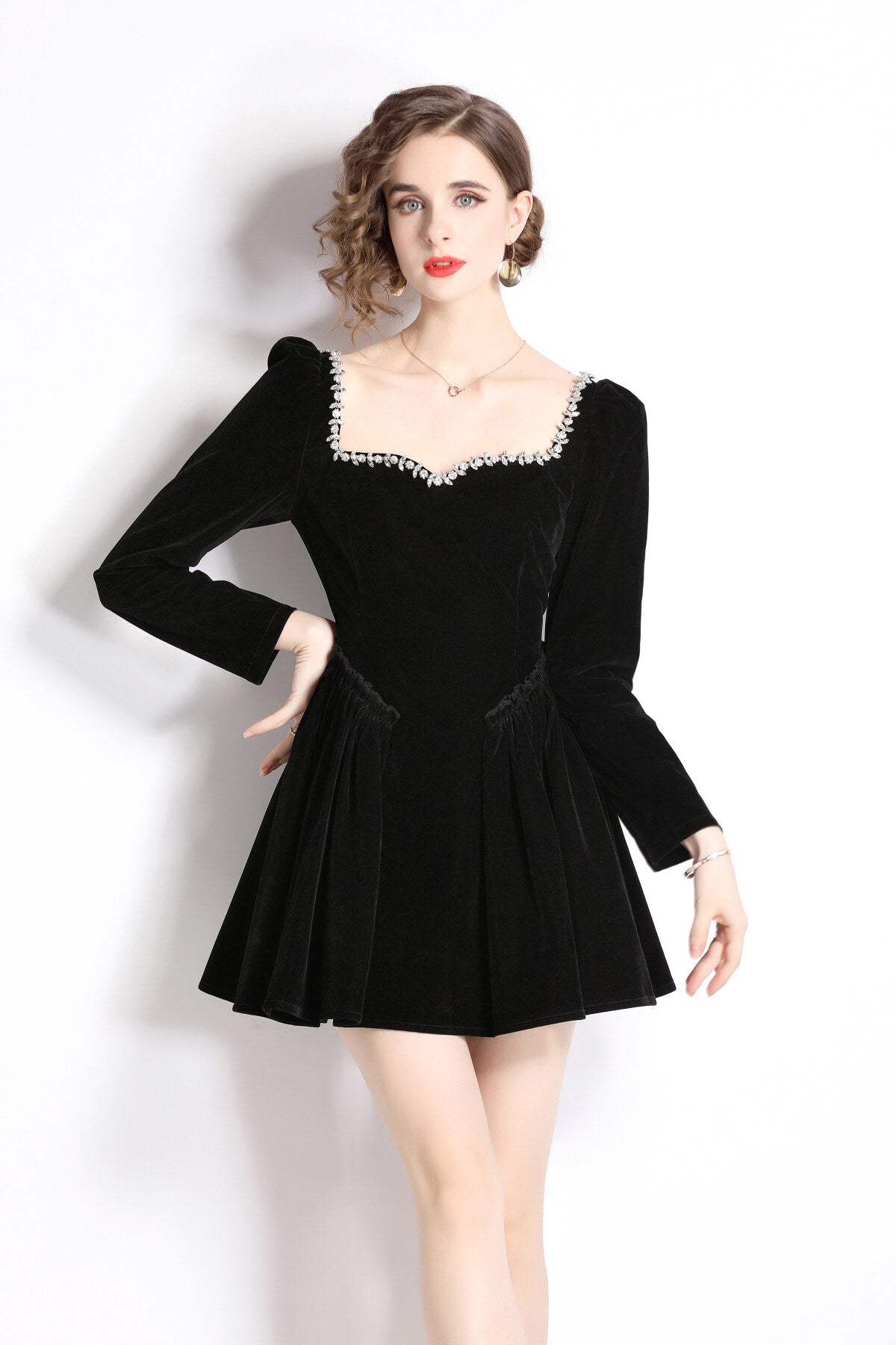 Square Neck Mid Waist Black Vintage Heavy Beaded Velvet Dress