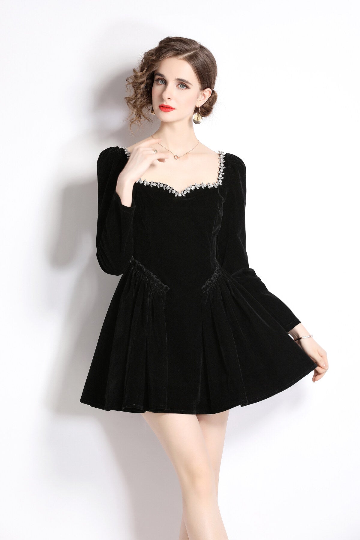 Square Neck Mid Waist Black Vintage Heavy Beaded Velvet Dress