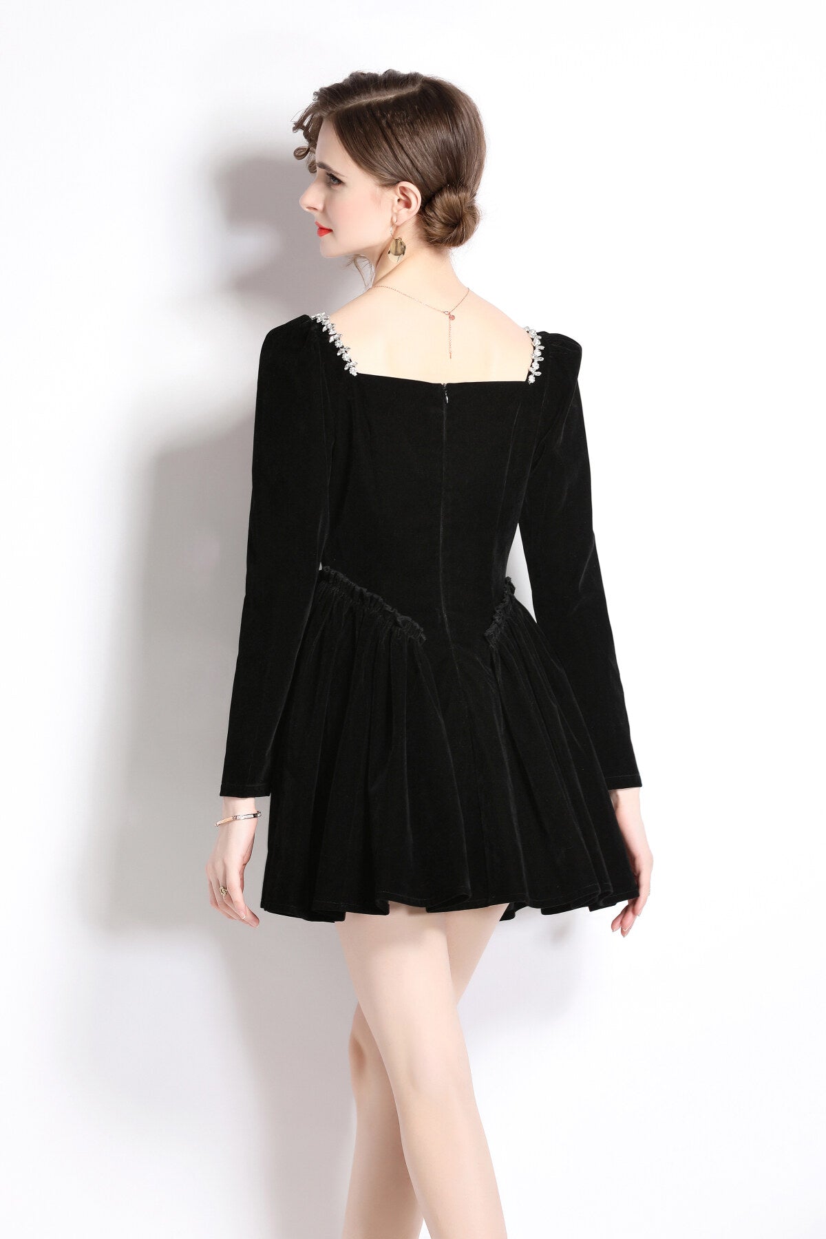 Square Neck Mid Waist Black Vintage Heavy Beaded Velvet Dress