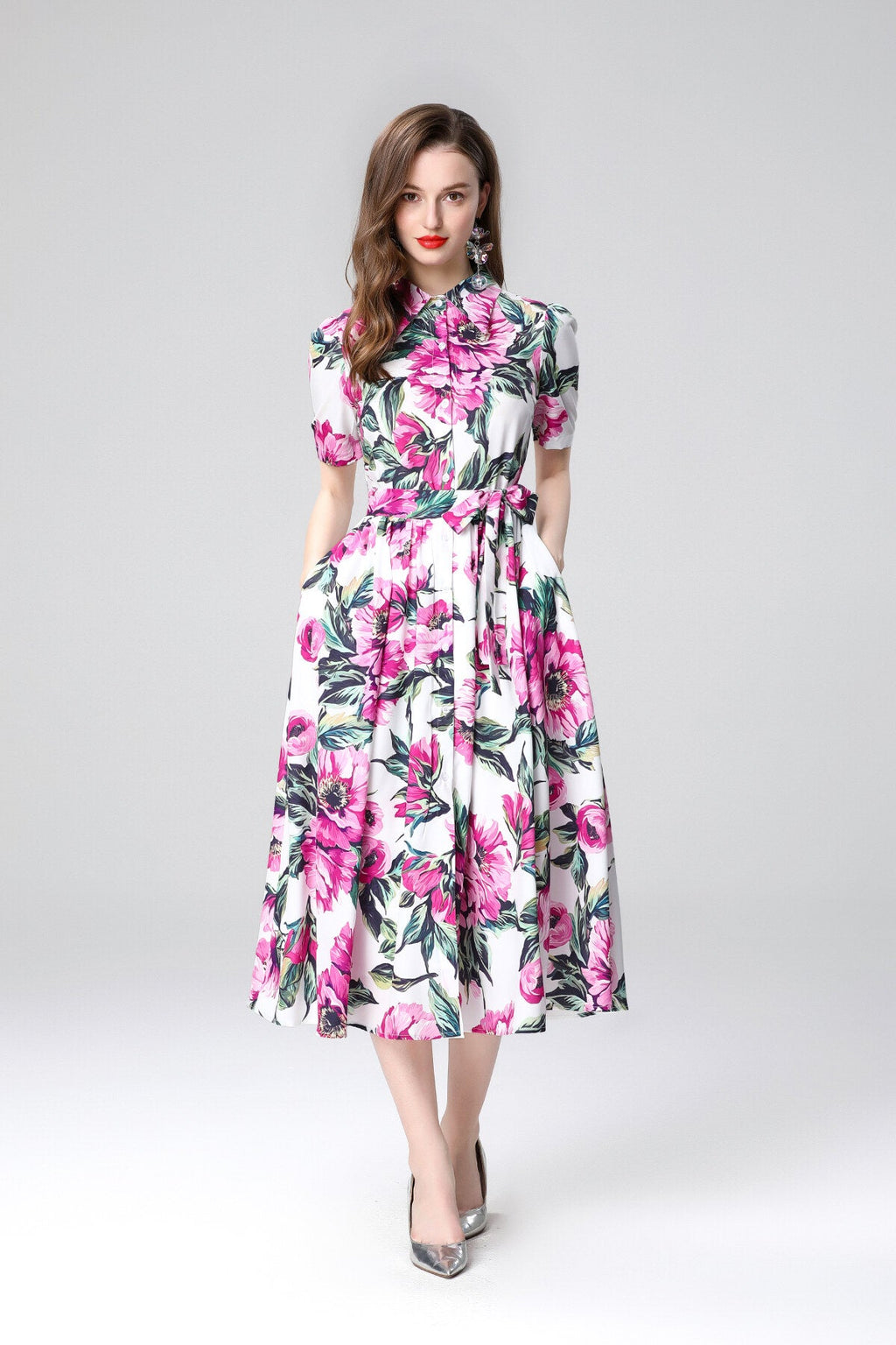 Summery Floral Midi Shirt Dress