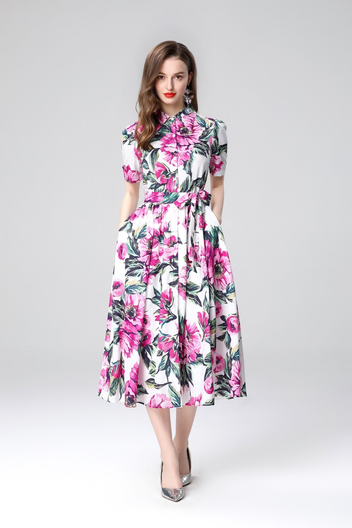 Summery Floral Midi Shirt Dress